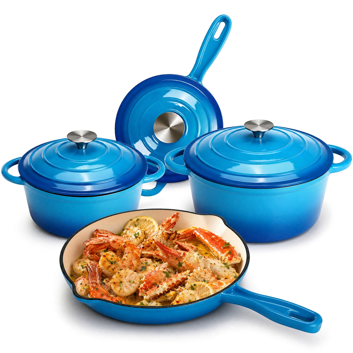 LIFERUN Nonstick Enameled Cast Iron Cookware Set, 7Pcs Pots and Pans, Gas/Induction Dutch Oven Set, Red