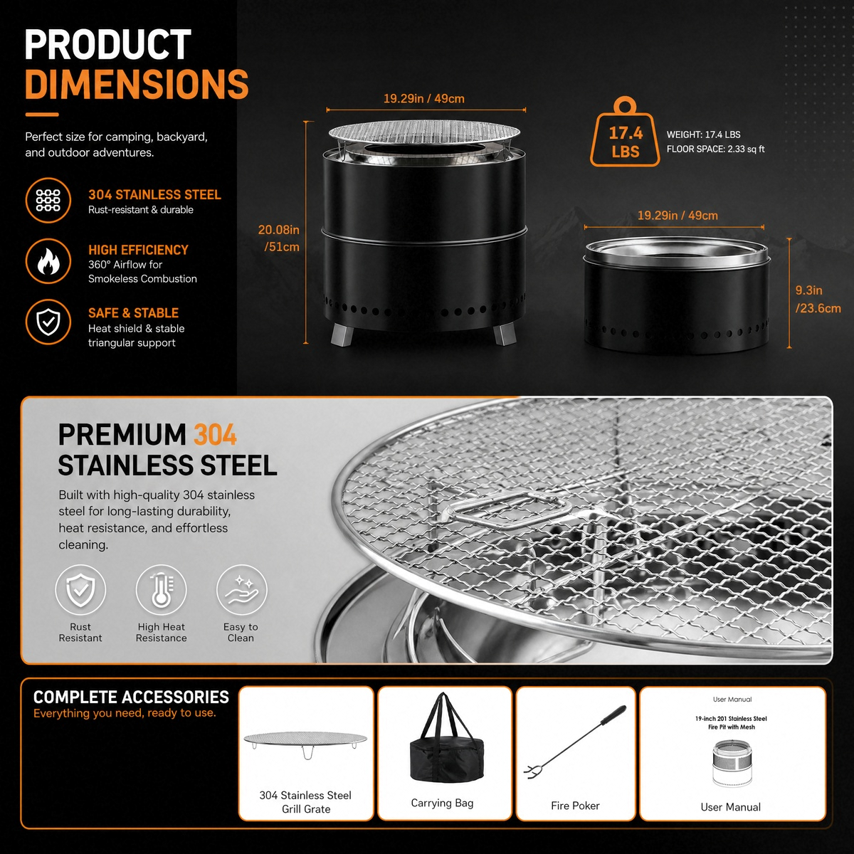 LIFERUN 19.3" Smokeless Stainless Steel Outdoor Fire Pit with Grill & Legs, Portable Fire Pit for Camping & Patio, Wood Burning, with Carrying Bag & Fire Poker
