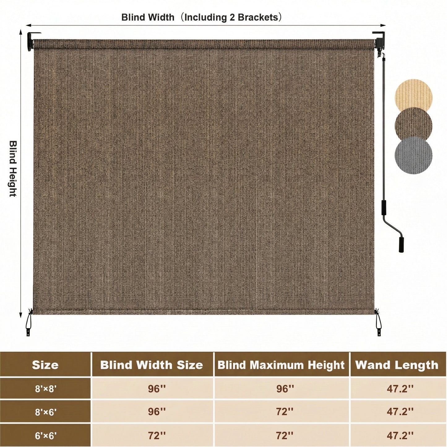 LIFERUN Outdoor Roller Sun Shade 8' W x 6' H, HDPE Shade Cloth, Aluminum Tube with Cordless Wand Crank Operation, Sunshade for Outdoor Pergola Patio, Porch, and Garden