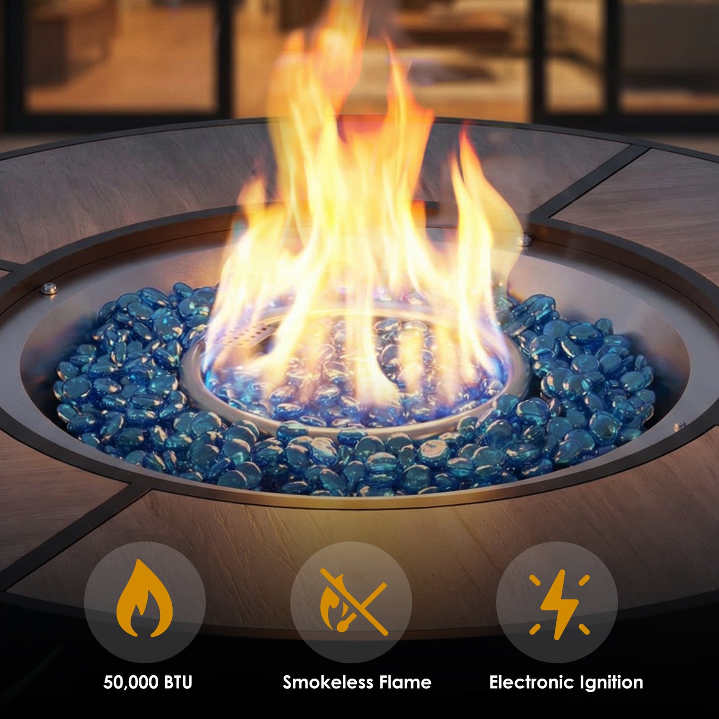 LIFERUN Propane Fire Pit Table 42in, with Waterproof Cover, Blue Stone and Lid, 50,000 BTU Auto-Ignition Round Gas, for Outside Patio