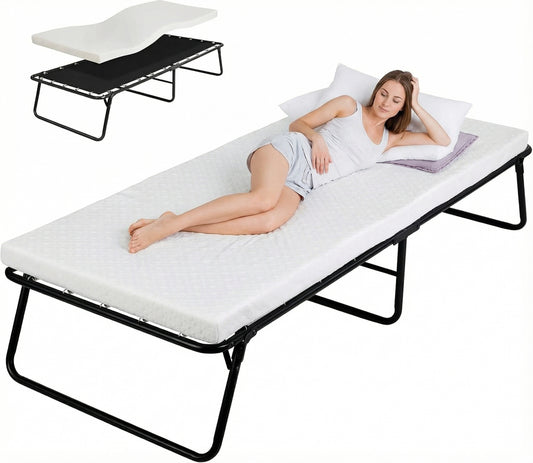 LIFERUN Folding Bed with Memory Foam Mattress for Adults,Portable Bed with Metal Frame, for Bedroom,Office,Camp,No Assembly Required (75" x 31"x14")