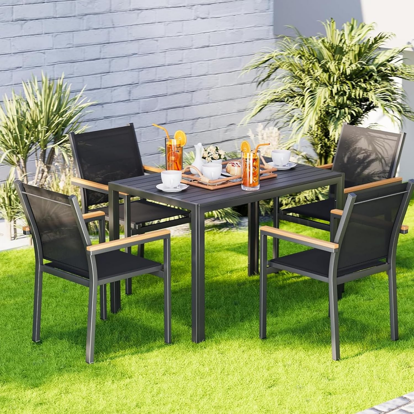 LIFERUN 5-Pieces Outdoor Dining Set, Patio Dining Table Set with 4 Stackable Aluminum Chairs, 43×27.6in Rectangle Table with Wooden-Like Top and Aluminum Frame, for Garden, Patio, Poolside, Black
