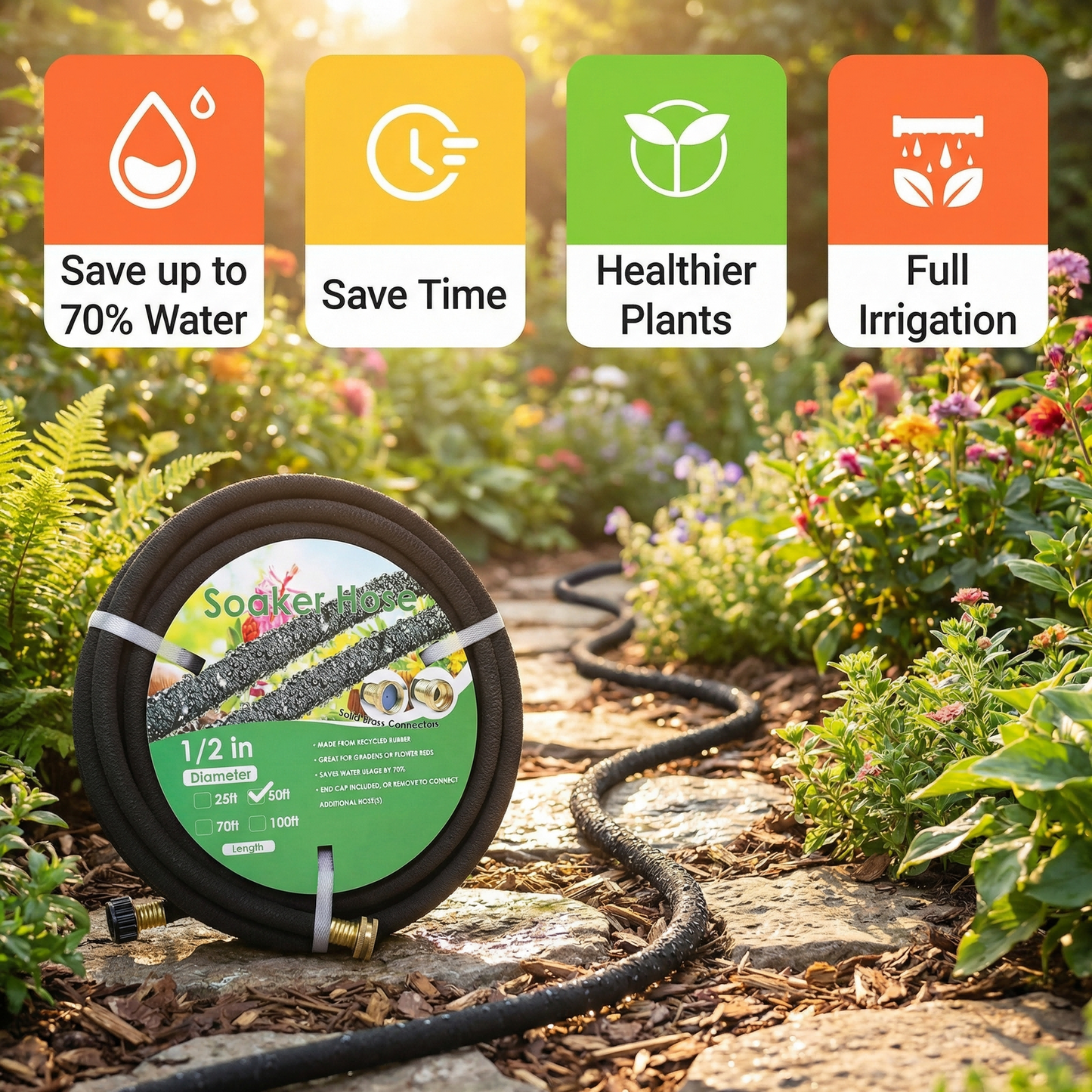 LIFERUN Soaker Hose 50 ft 1/2", Rubber, Solid Brass Connectors, Heavy Duty Drip Hose to Save 70% Water, Soaker Hose for Garden, Lawn and Yard