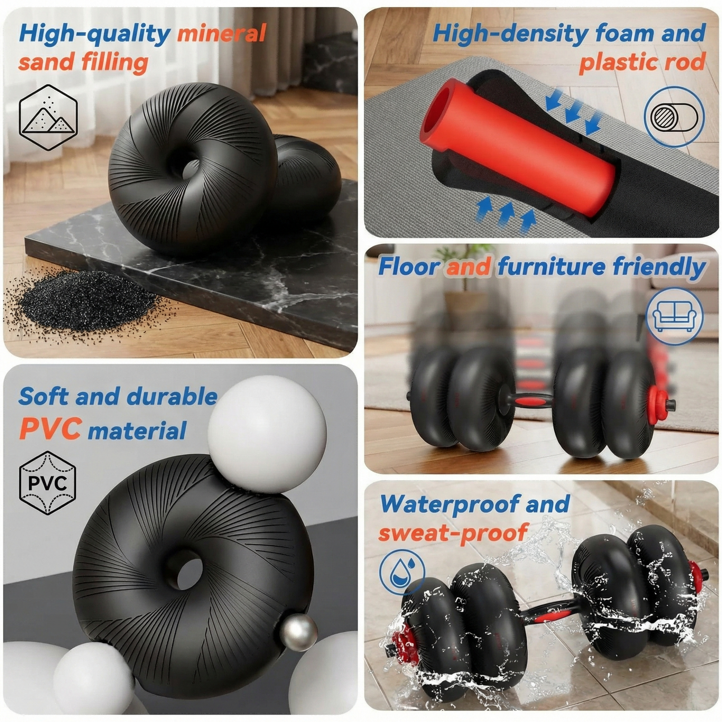LIFERUN Adjustable Dumbbell Set, Soft PVC Coated, 45lbs/67lbs Free Weight Set Home Gym, 4-in-1 Used as Barbell, Dumbbells, Kettlebell, Weight Plates,Red