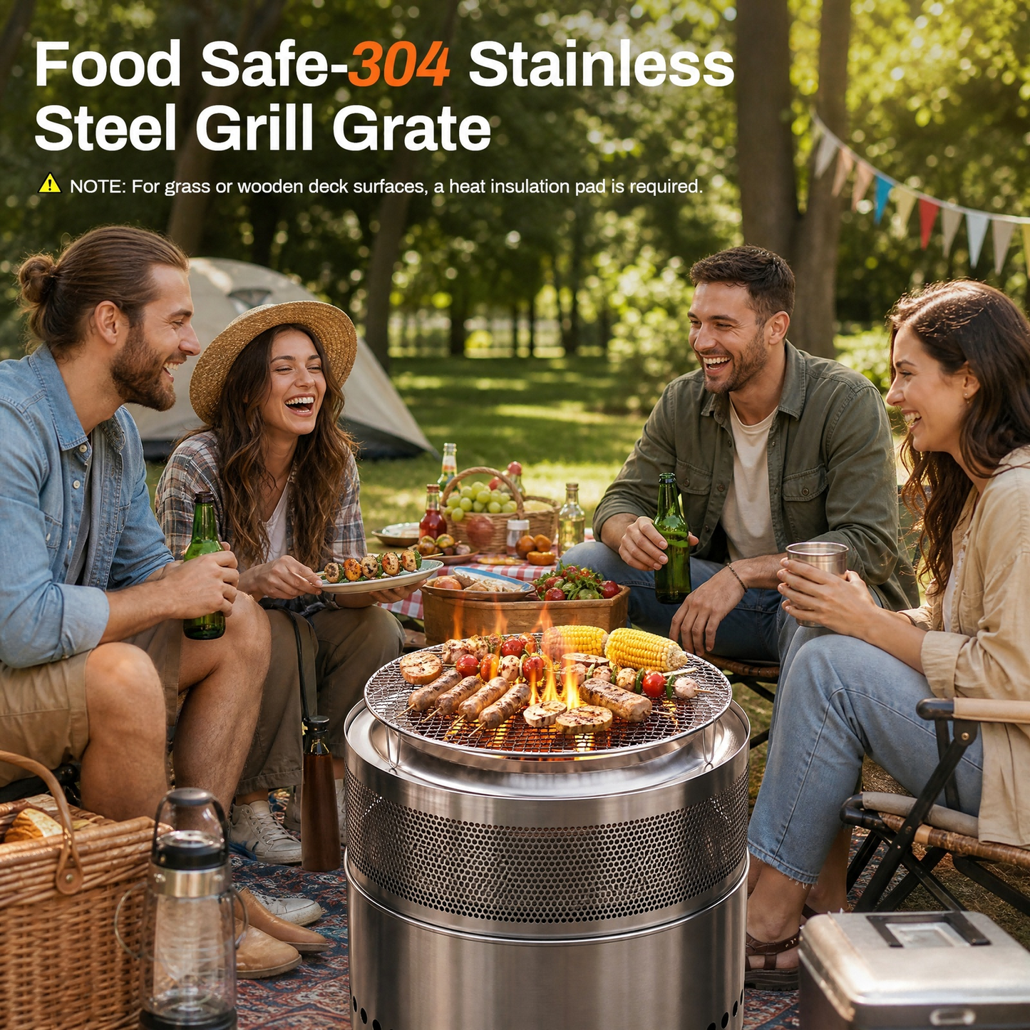 LIFERUN 19.7" Stainless Steel Smokeless Fire Pit with 304 Grill Grate, Outdoor Portable Wood Burning Fire Pit,Removable Ash Pan,Carry Bag,Fire Poker,for Camping, Backyard,Patio,Bonfire