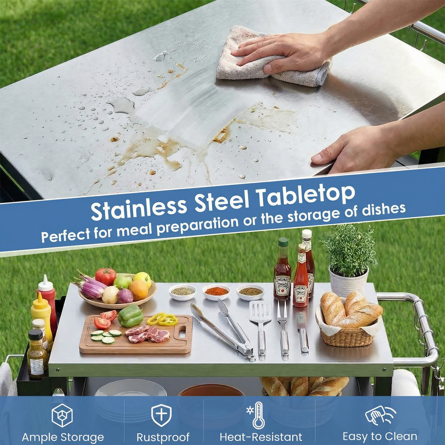 LIFERUN Outdoor Grill Cart with Storage Cabinet, Outdoor Grill Station with Stainless Steel Top, for Outside Dining, BBQ Food Prep