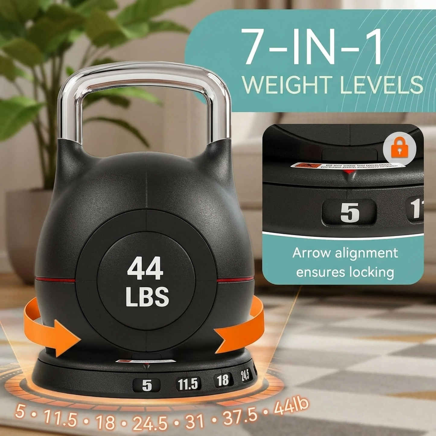 LIFERUN Adjustable Kettlebell Set - 7in1 Kettlebells, Choose 22.5 lb  or 44 lb, Quick-Change Weight Dial & Safety Lock, Space-Saving, Full-Body Workout & Cross-Training