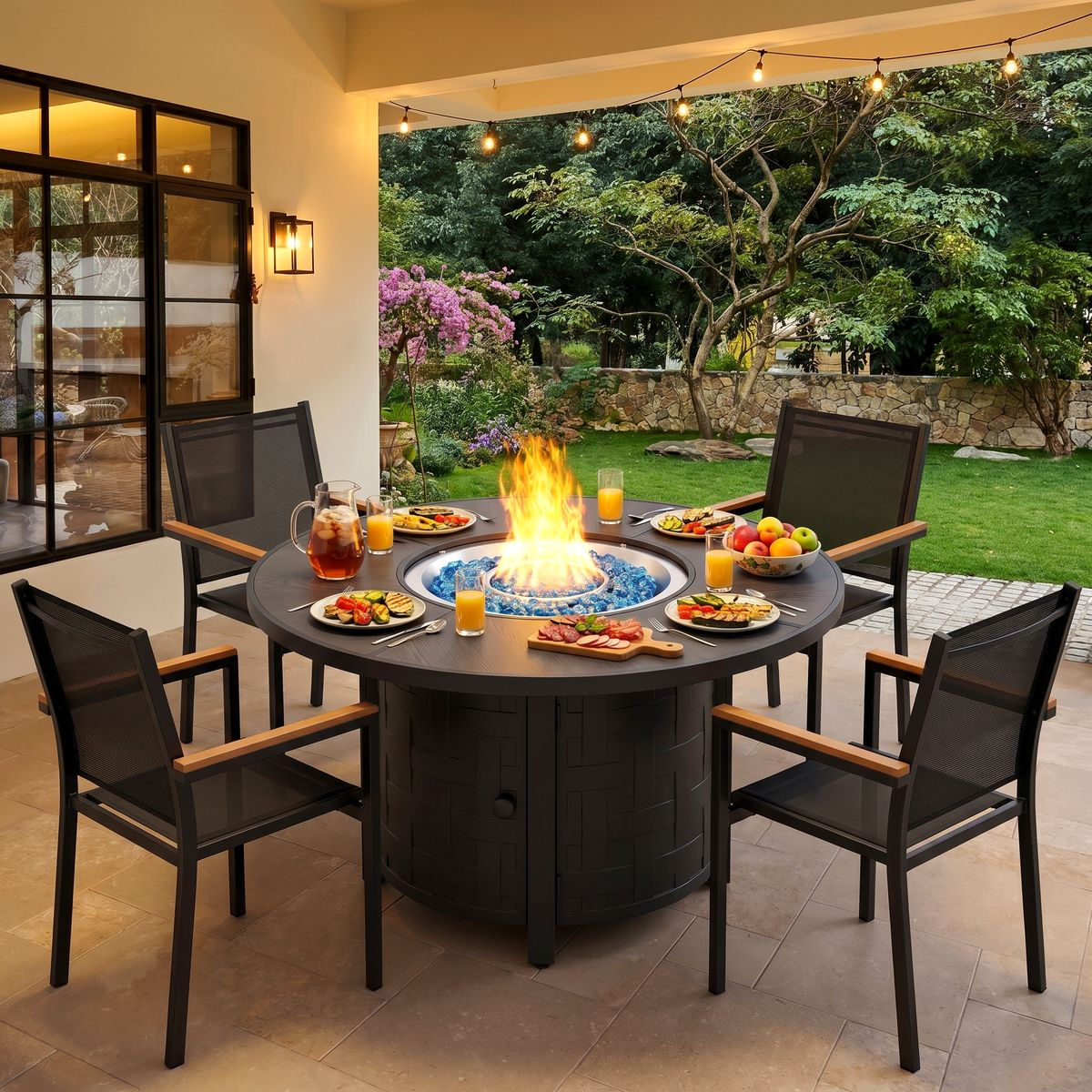 LIFERUN 42 in Propane Fire Pit Table with 4 Stackable Aluminum Dining Chairs– 50,000 BTU Round Fire Pit with Lid, Converts to Patio Coffee Table, for Poolside, Balcony, Terrace (Brown)