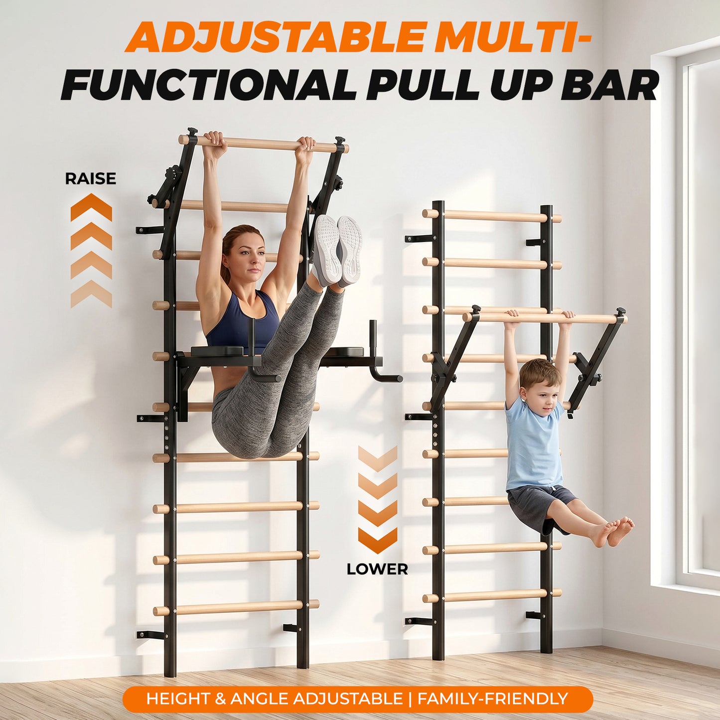 LIFERUN Swedish Ladder Wall Gym, 92" Solid Beechwood Stall Bars, 264lbs Capacity, Adjustable Pull-Up & Dip Bar Attachments, Wall Mounted, 9 Anchor Rods for Home, School, Physical Therapy, Gymnastics