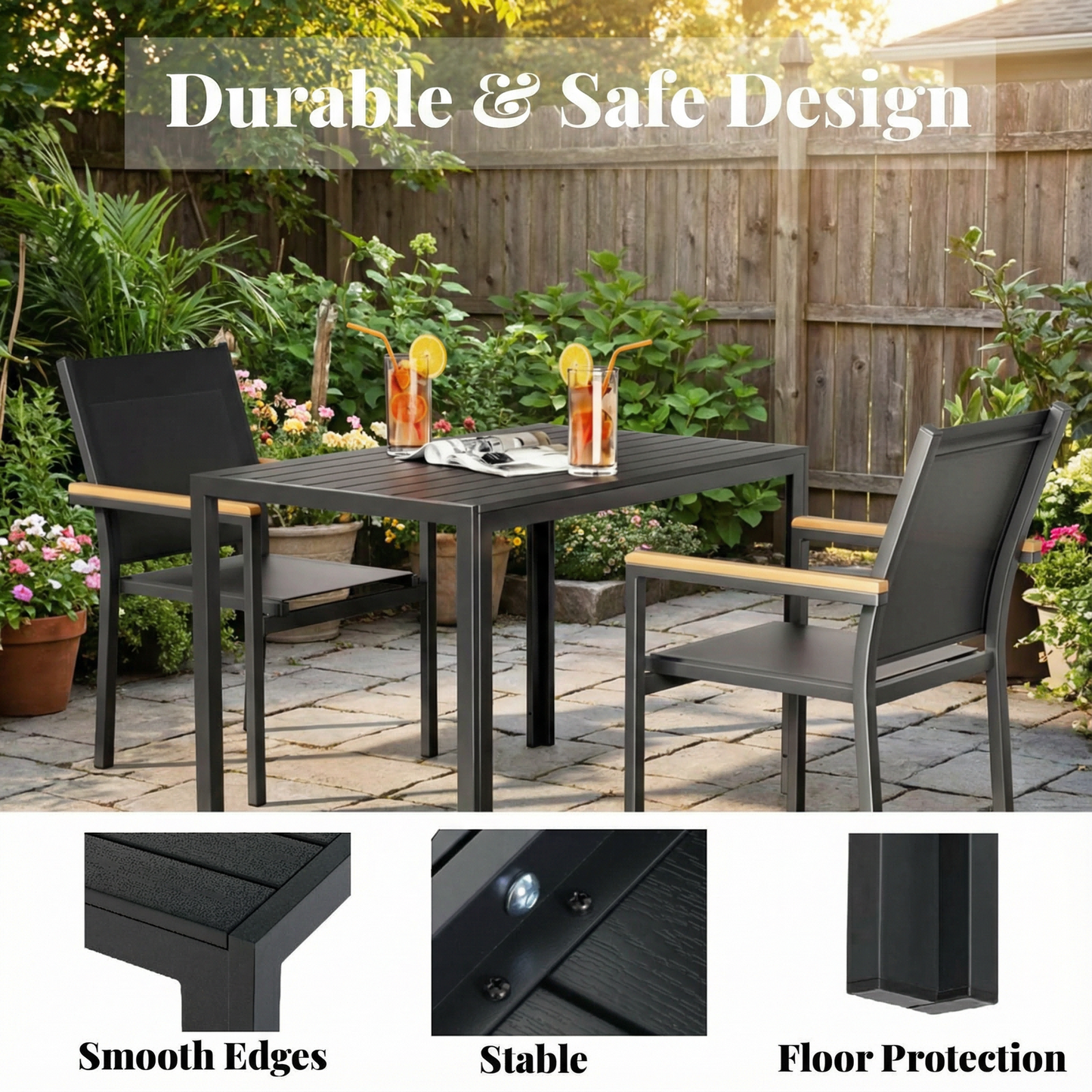 LIFERUN Outdoor Patio Table for 4-6 Person, 43×28in Rectangle Outdoor  Dining Table with Wooden-Like Top and Aluminum Frame, Heat and Weather Resistant, Ideal for Garden, Patio, Poolside, Porch
