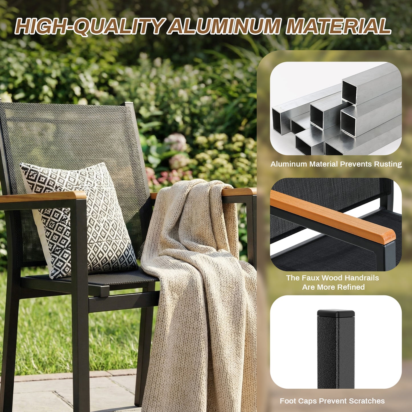 LIFERUN 5-Pieces Outdoor Dining Set, Patio Dining Table Set with 4 Stackable Aluminum Chairs, 43×27.6in Rectangle Table with Wooden-Like Top and Aluminum Frame, for Garden, Patio, Poolside, Black