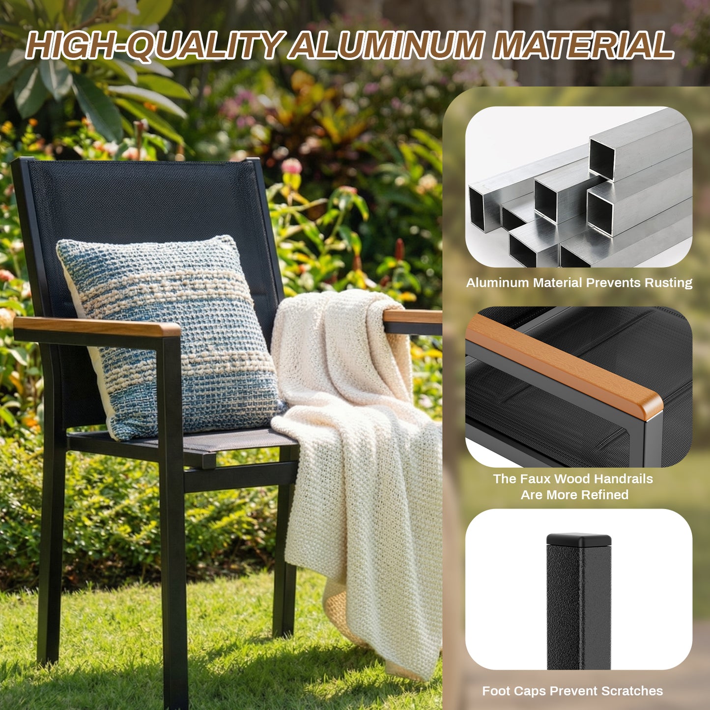 LIFERUN Patio Chairs Set of 6, Stackable Aluminum Outdoor Chair with Quilted Textilene & WPC Handrail, 17" Seat Height, All Weather Chair for Patio, Balcony, Poolside & Restaurants, Black