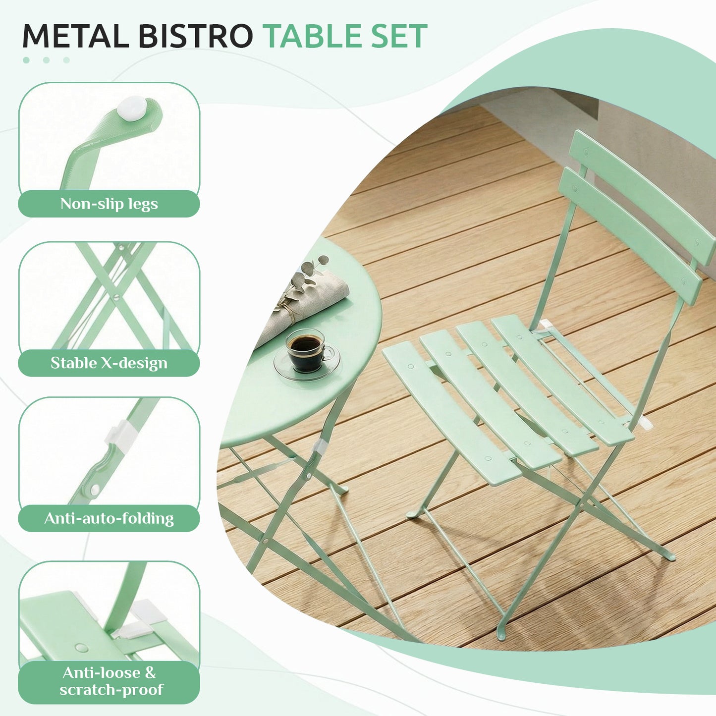 LIFERUN 3-Piece Folding Bistro Set, Outdoor Table and Chairs Set of 2, Weatherproof Patio Furniture for Garden, Balcony, Porch, Green