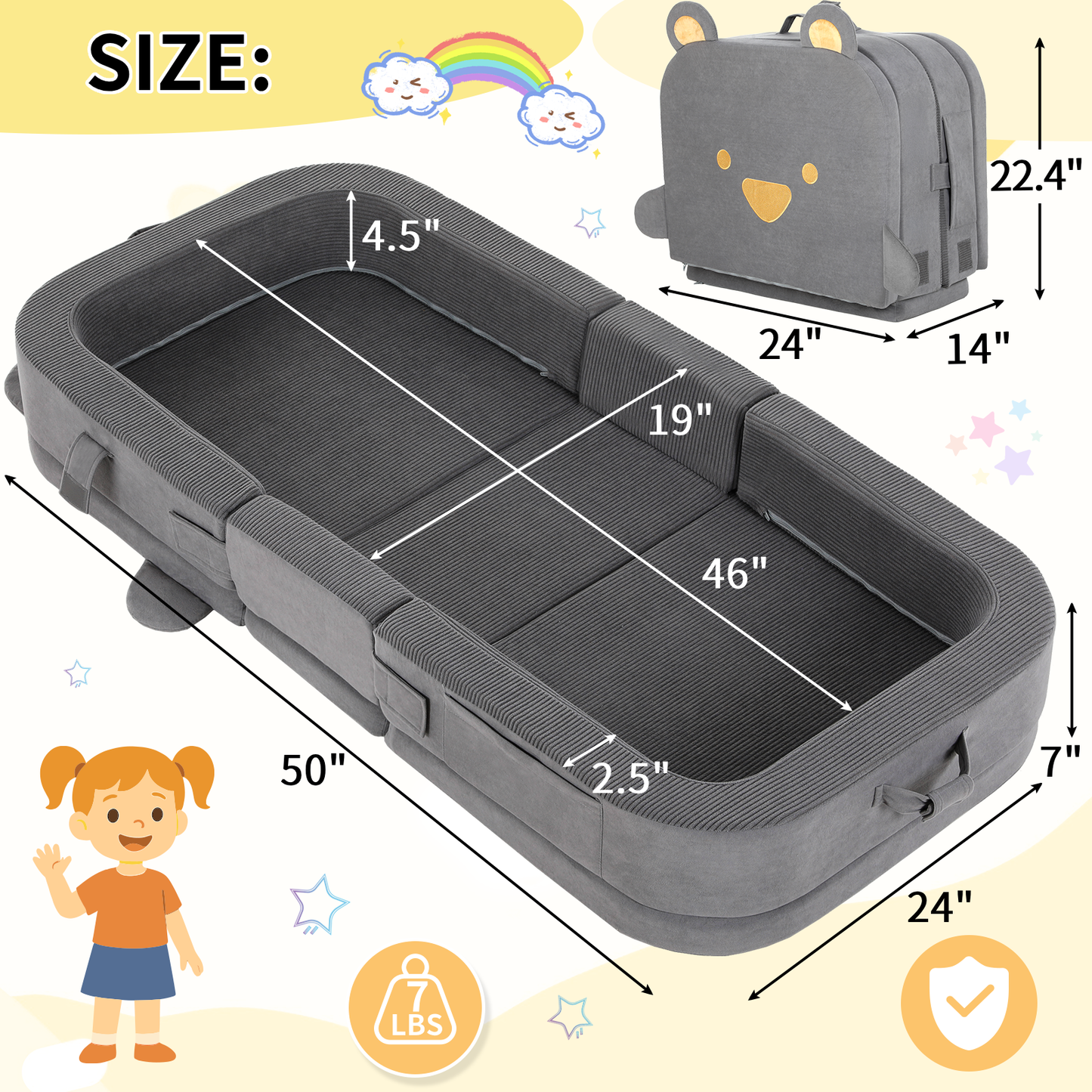 LIFERUN Toddler Travel Bed,Foldable Portable Toddler Floor Bed with Soft Foam for Baby and Kids Aged 1-4,Washable Cover Travel Crib with Safety Rail for Home,Hotel,Family Visits,Camping