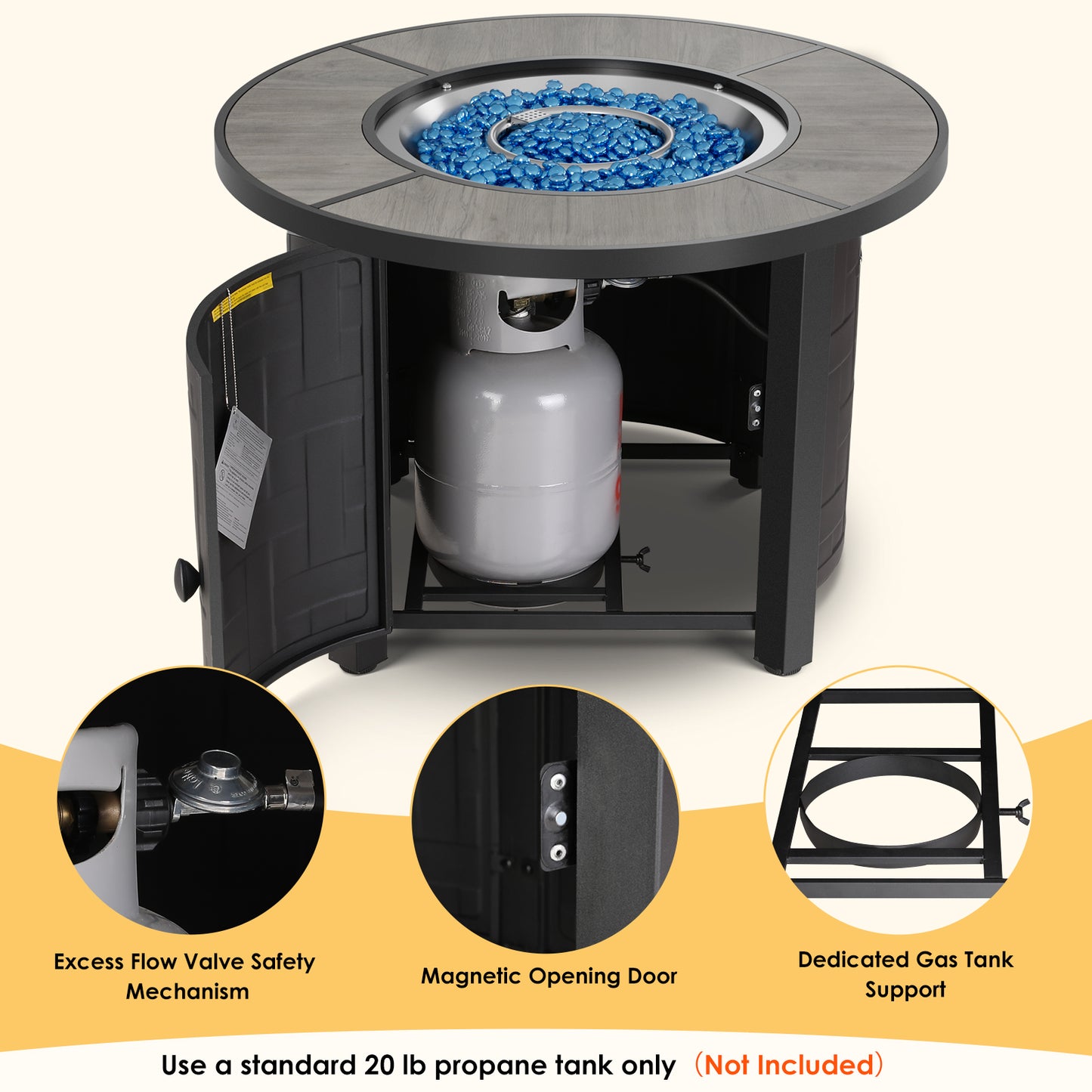 LIFERUN Propane Fire Pit Table 42in, with Waterproof Cover, Blue Stone and Lid, 50,000 BTU Auto-Ignition Round Gas, for Outside Patio