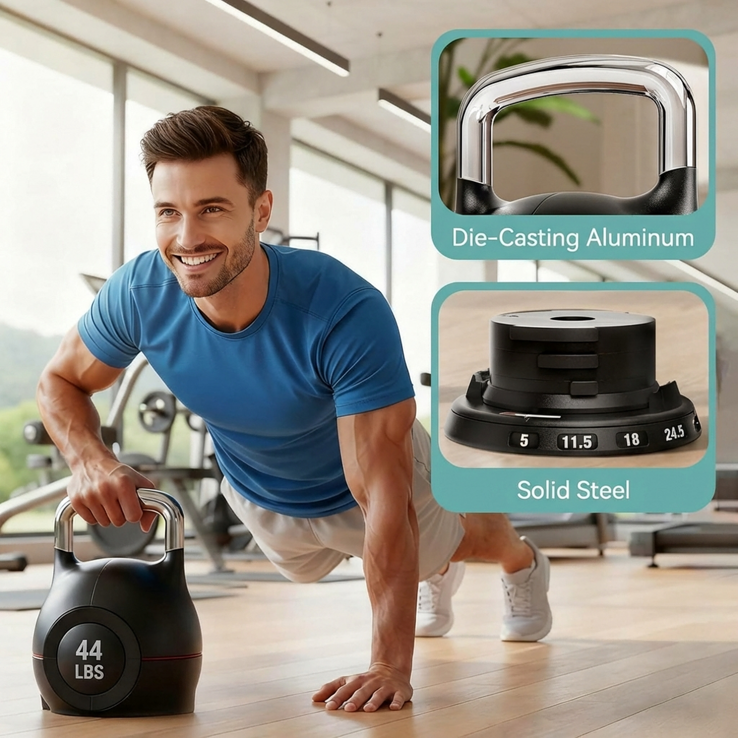 LIFERUN Adjustable Kettlebell Set - 7in1 Kettlebells, Choose 22.5 lb  or 44 lb, Quick-Change Weight Dial & Safety Lock, Space-Saving, Full-Body Workout & Cross-Training