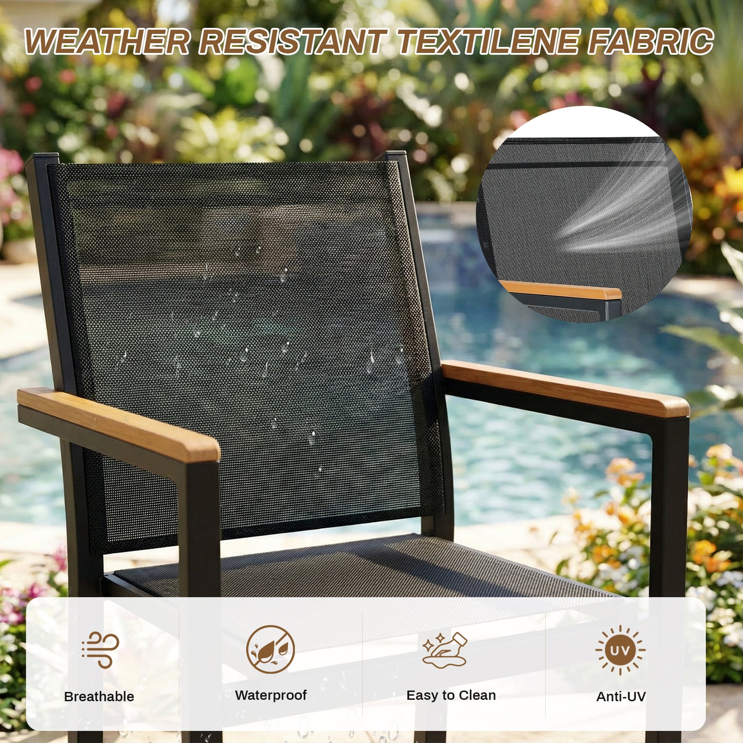 LIFERUN Patio Chairs Set of 2, Stackable Aluminum Dining Chair with Textilene Fabric & WPC Handrail, 17" Seat Height, All Weather Outdoor Chair for Poolside, Balcony, Terrace & Restaurants, Black