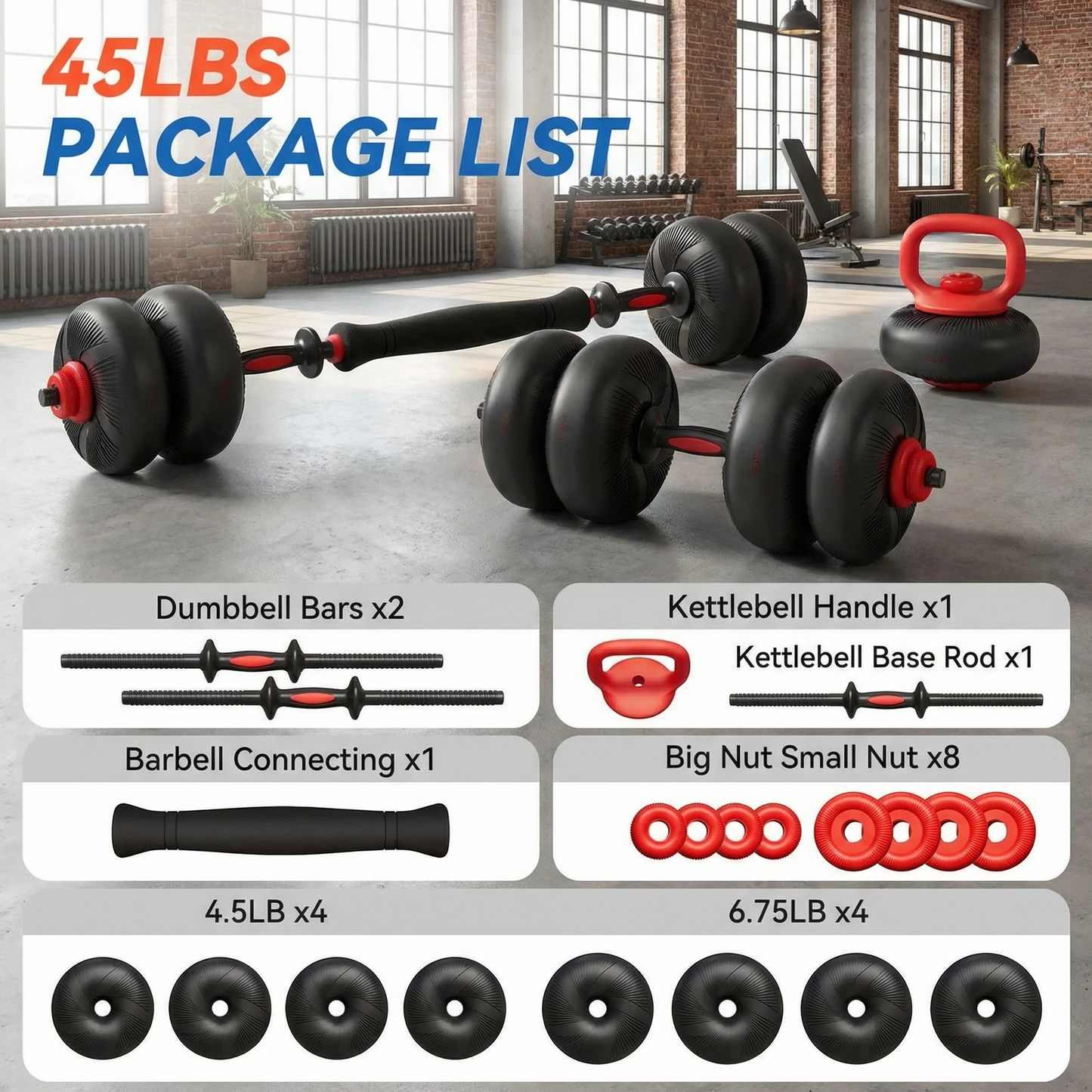 LIFERUN Adjustable Dumbbell Set, Soft PVC Coated, 45lbs/67lbs Free Weight Set Home Gym, 4-in-1 Used as Barbell, Dumbbells, Kettlebell, Weight Plates,Red