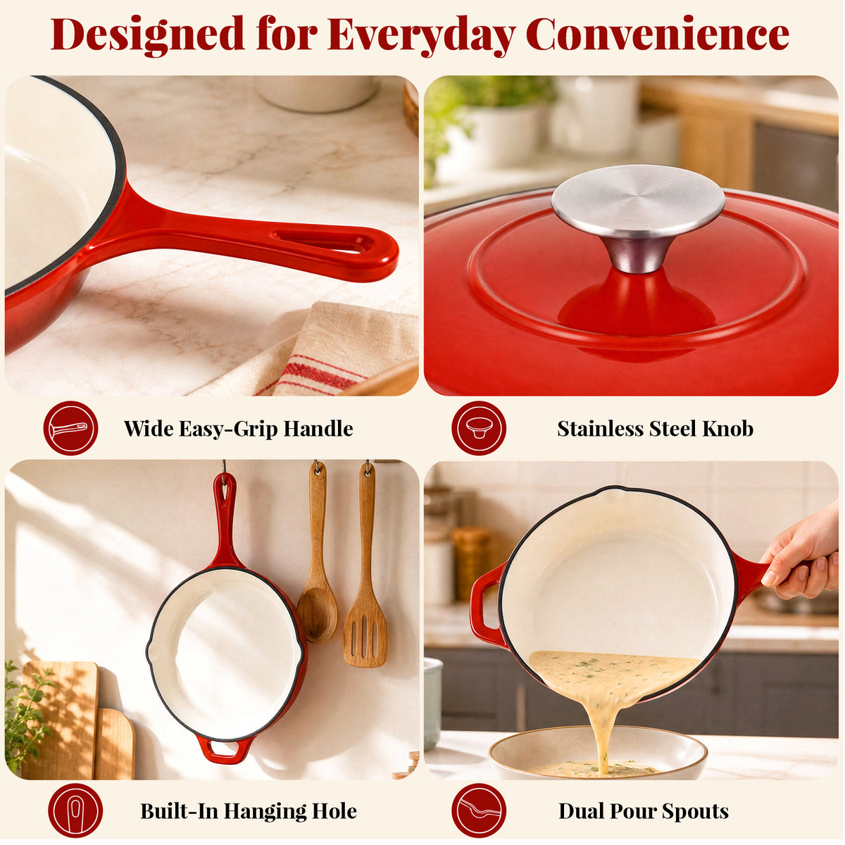 LIFERUN 5Pcs Enameled Cast Iron Cookware Set, Cast Iron Pots and Pans Set, Compatible with Gas, Electric & Induction, Red