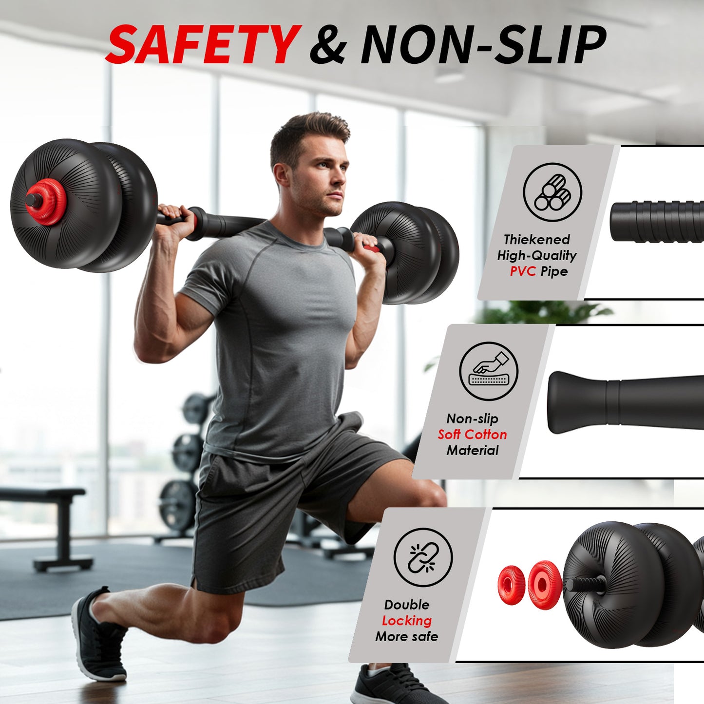 LIFERUN Adjustable Dumbbell Set, Soft PVC Coated, 45lbs/67lbs Free Weight Set Home Gym, 4-in-1 Used as Barbell, Dumbbells, Kettlebell, Weight Plates,Red