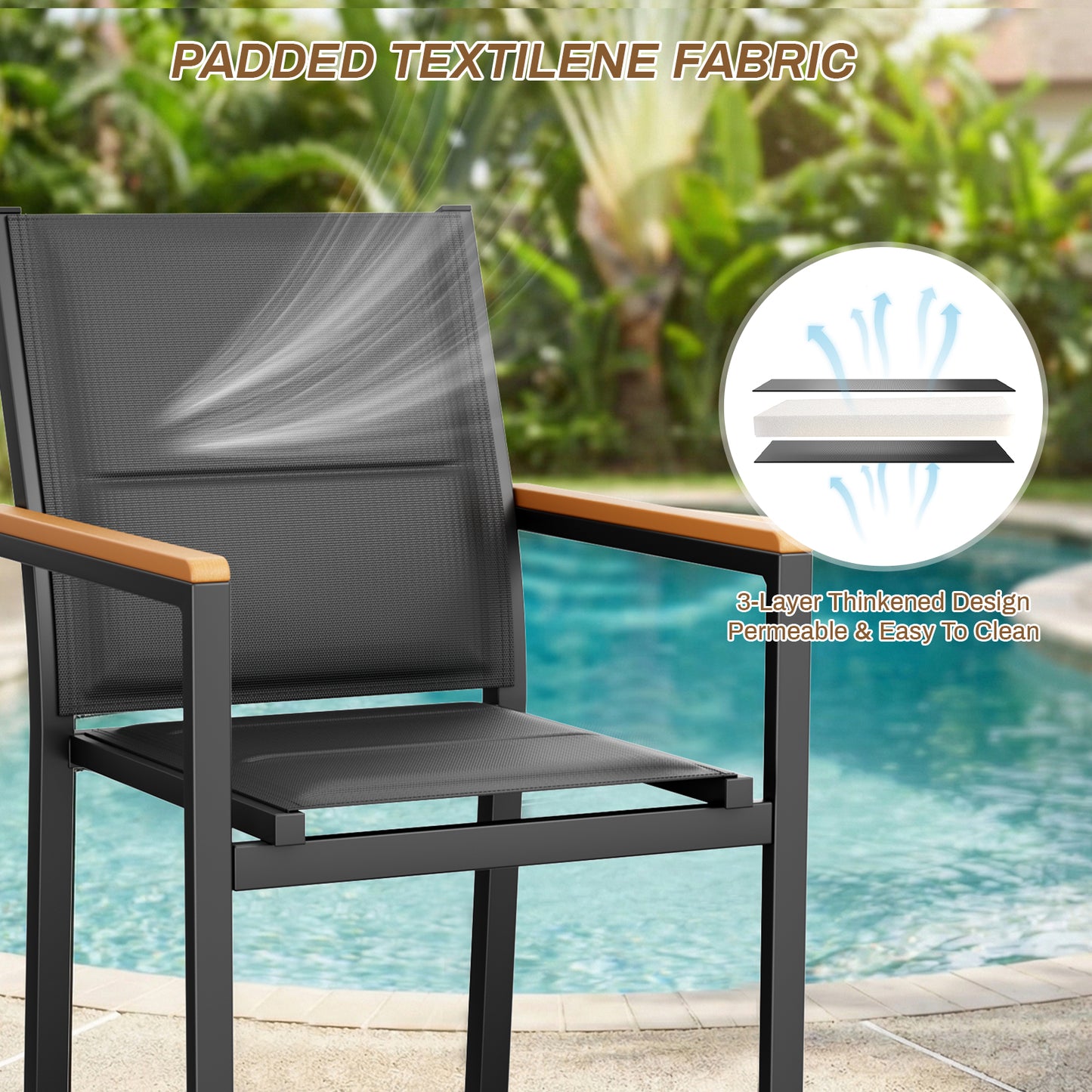 LIFERUN Patio Chairs Set of 6, Stackable Aluminum Outdoor Chair with Quilted Textilene & WPC Handrail, 17" Seat Height, All Weather Chair for Patio, Balcony, Poolside & Restaurants, Black