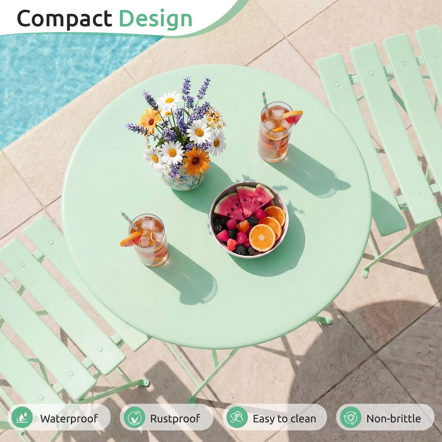 LIFERUN 3-Piece Folding Bistro Set, Outdoor Table and Chairs Set of 2, Weatherproof Patio Furniture for Garden, Balcony, Porch, Green
