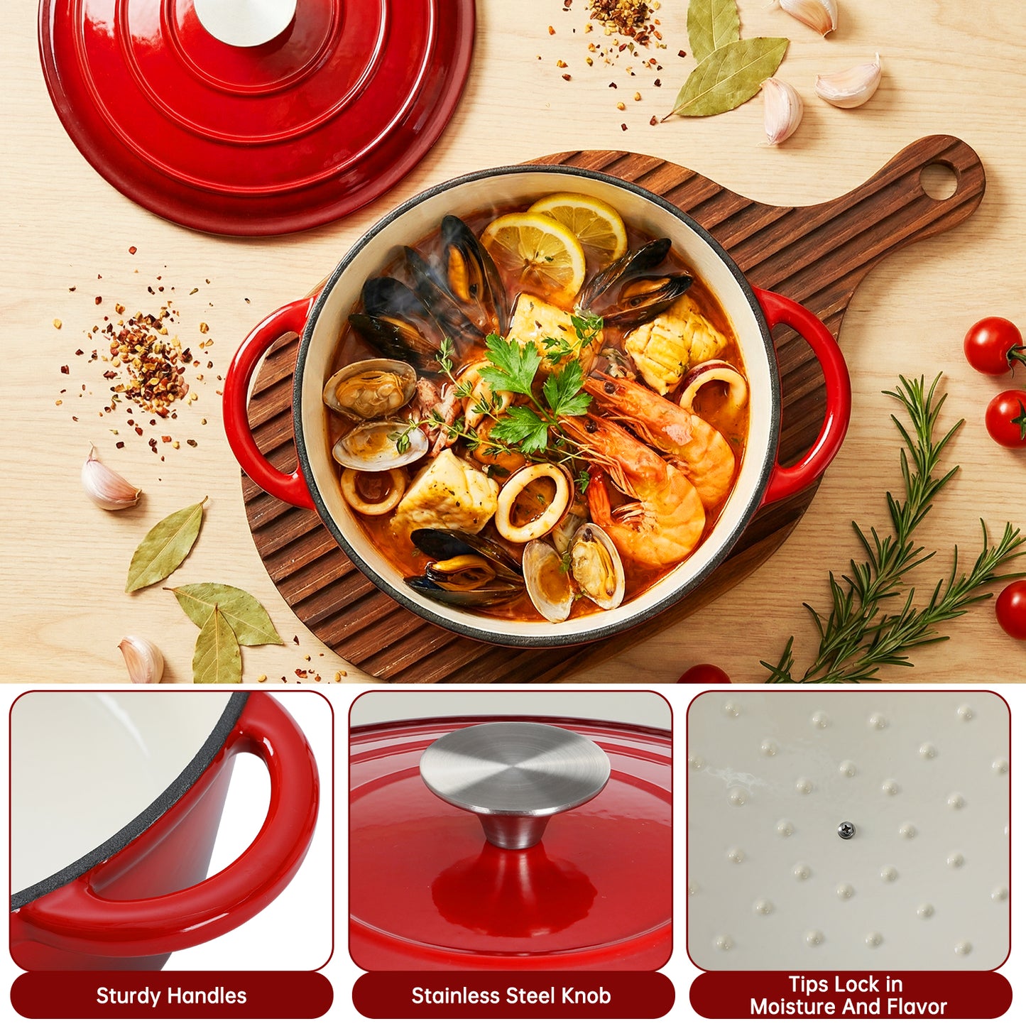LIFERUN Nonstick Enameled Cast Iron Cookware Set, 7Pcs Pots and Pans, Gas/Induction Dutch Oven Set, Red