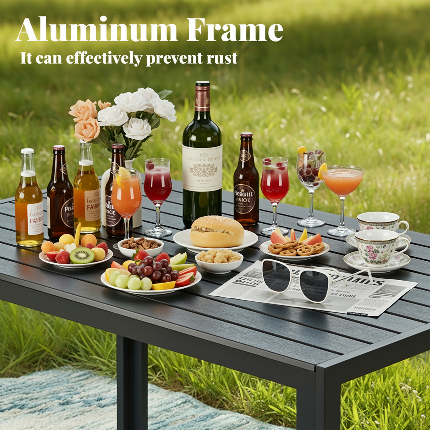LIFERUN Outdoor Patio Table for 4-6 Person, 43×28in Rectangle Outdoor  Dining Table with Wooden-Like Top and Aluminum Frame, Heat and Weather Resistant, Ideal for Garden, Patio, Poolside, Porch