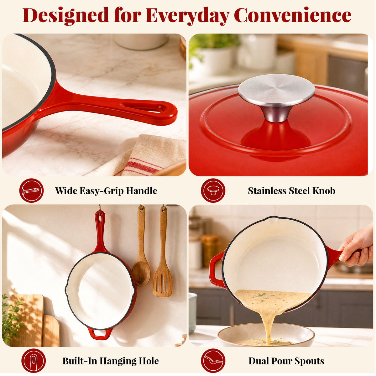 LIFERUN 9Pcs Enameled Cast Iron Cookware Set, Cast Iron Pots and Pans Set, Compatible with Gas, Electric & Induction, Red