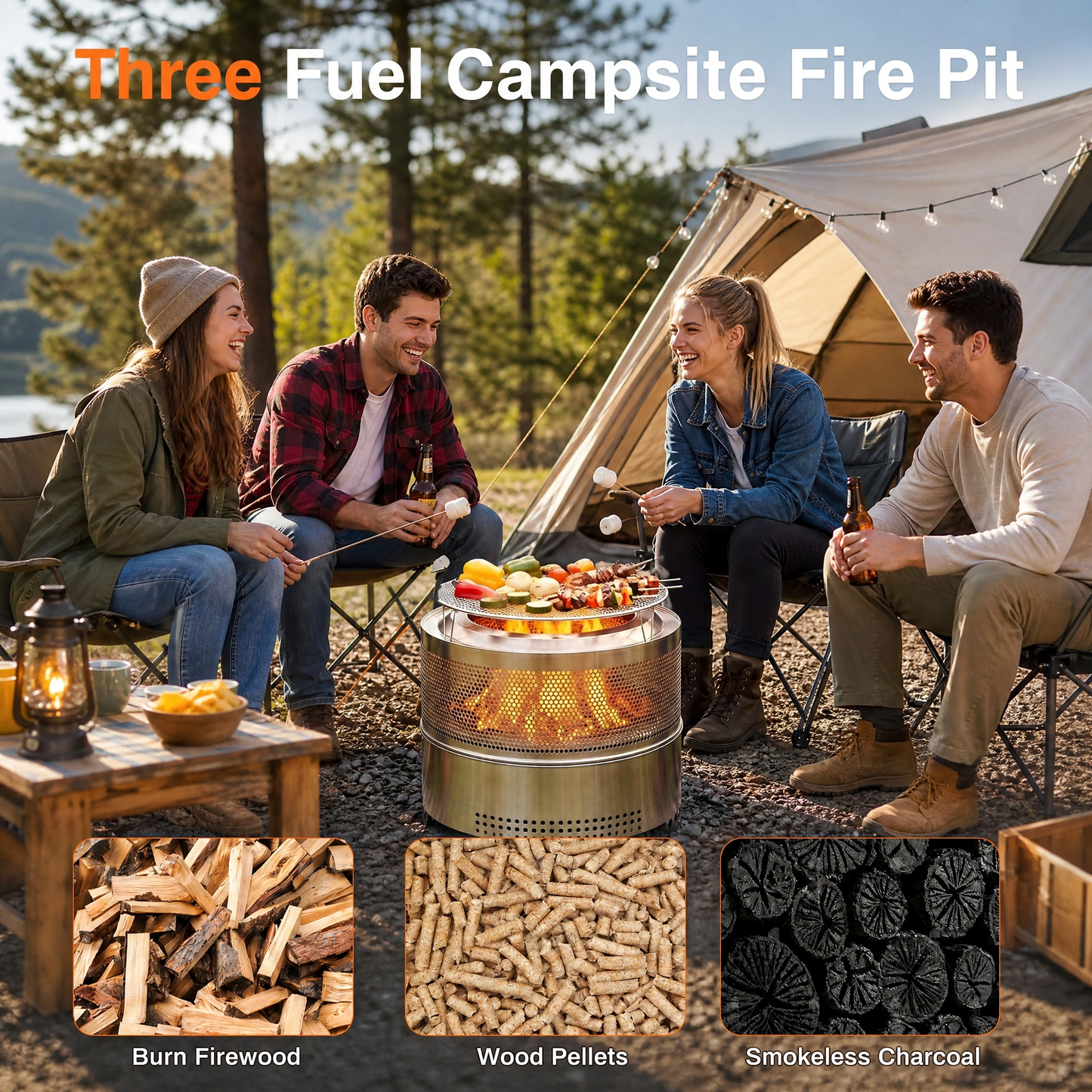 LIFERUN 19.7" Stainless Steel Smokeless Fire Pit with 304 Grill Grate, Outdoor Portable Wood Burning Fire Pit,Removable Ash Pan,Carry Bag,Fire Poker,for Camping, Backyard,Patio,Bonfire