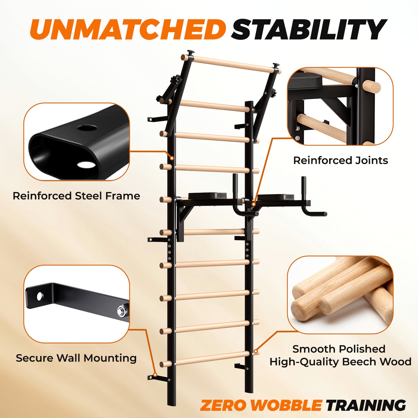 LIFERUN Swedish Ladder Wall Gym, 92" Solid Beechwood Stall Bars, 264lbs Capacity, Adjustable Pull-Up & Dip Bar Attachments, Wall Mounted, 9 Anchor Rods for Home, School, Physical Therapy, Gymnastics