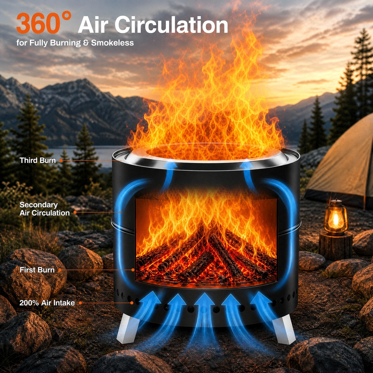 LIFERUN 19.3" Smokeless Stainless Steel Outdoor Fire Pit with Grill & Legs, Portable Fire Pit for Camping & Patio, Wood Burning, with Carrying Bag & Fire Poker