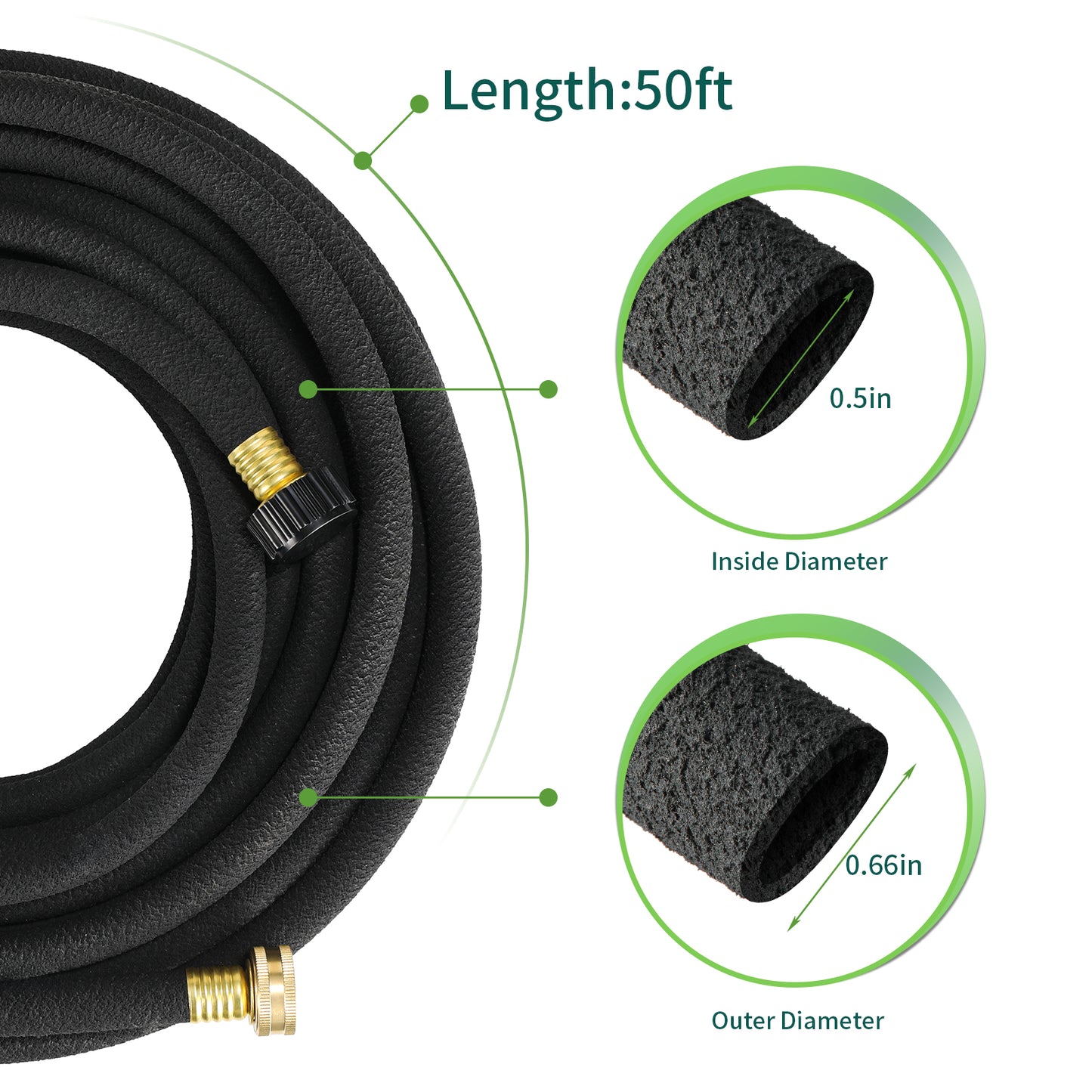 LIFERUN Soaker Hose 50 ft 1/2", Rubber, Solid Brass Connectors, Heavy Duty Drip Hose to Save 70% Water, Soaker Hose for Garden, Lawn and Yard