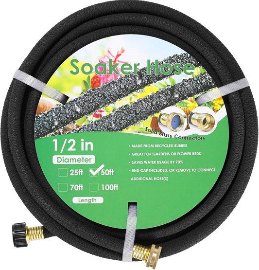 LIFERUN Soaker Hose 50 ft 1/2", Rubber, Solid Brass Connectors, Heavy Duty Drip Hose to Save 70% Water, Soaker Hose for Garden, Lawn and Yard