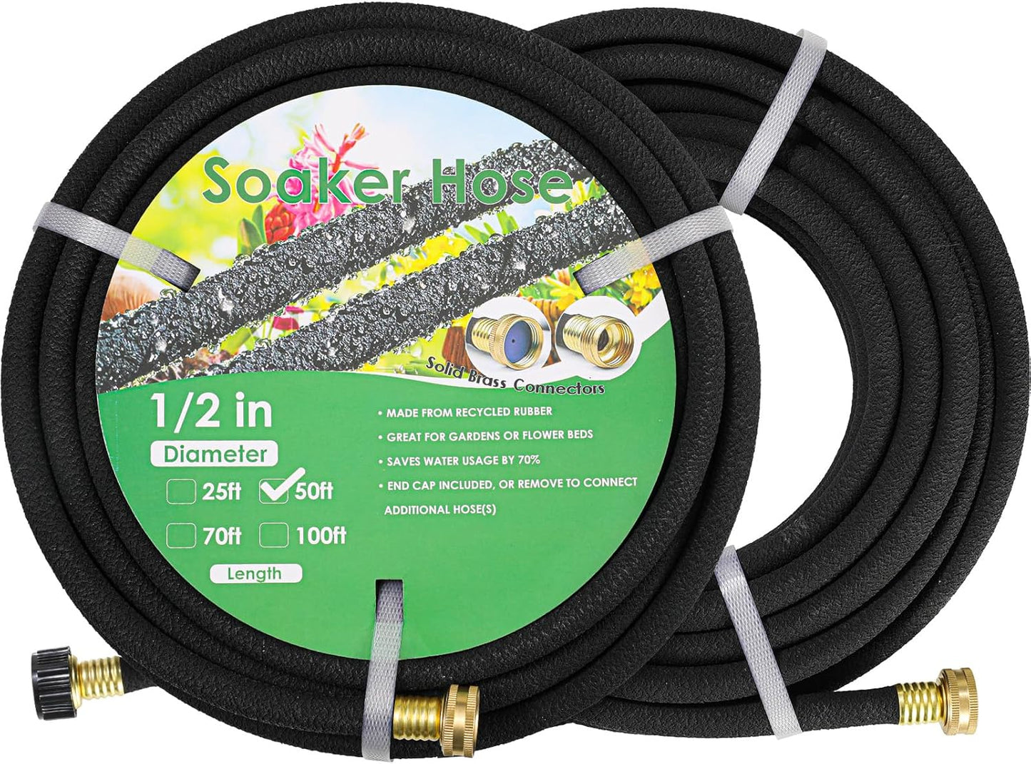 LIFERUN Soaker Hose 50 ft 1/2", Rubber, Solid Brass Connectors, Heavy Duty Drip Hose to Save 70% Water, Soaker Hose for Garden, Lawn and Yard