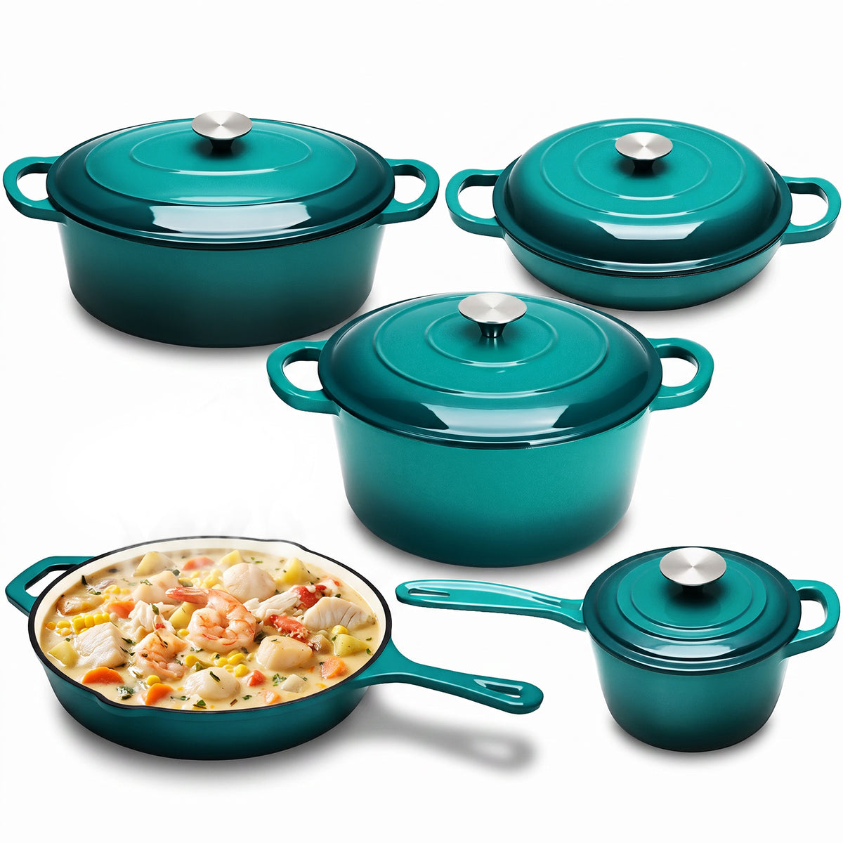 LIFERUN 9Pcs Enameled Cast Iron Cookware Set, Cast Iron Pots and Pans Set, Compatible with Gas, Electric & Induction, Red