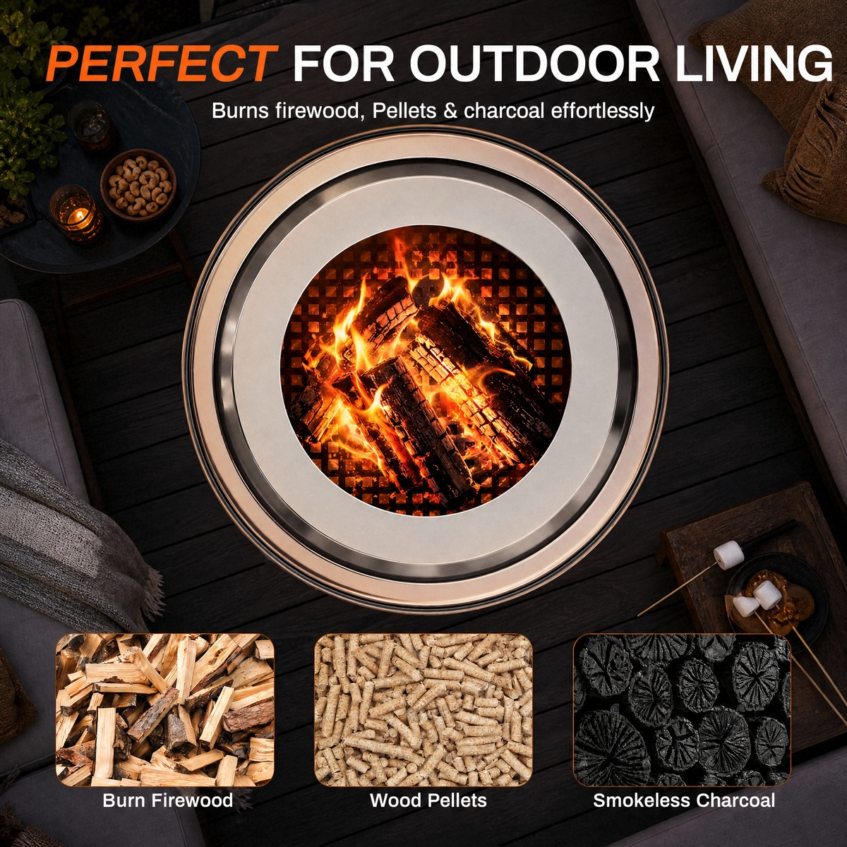 LIFERUN 19.3" Smokeless Stainless Steel Outdoor Fire Pit with Grill & Legs, Portable Fire Pit for Camping & Patio, Wood Burning, with Carrying Bag & Fire Poker