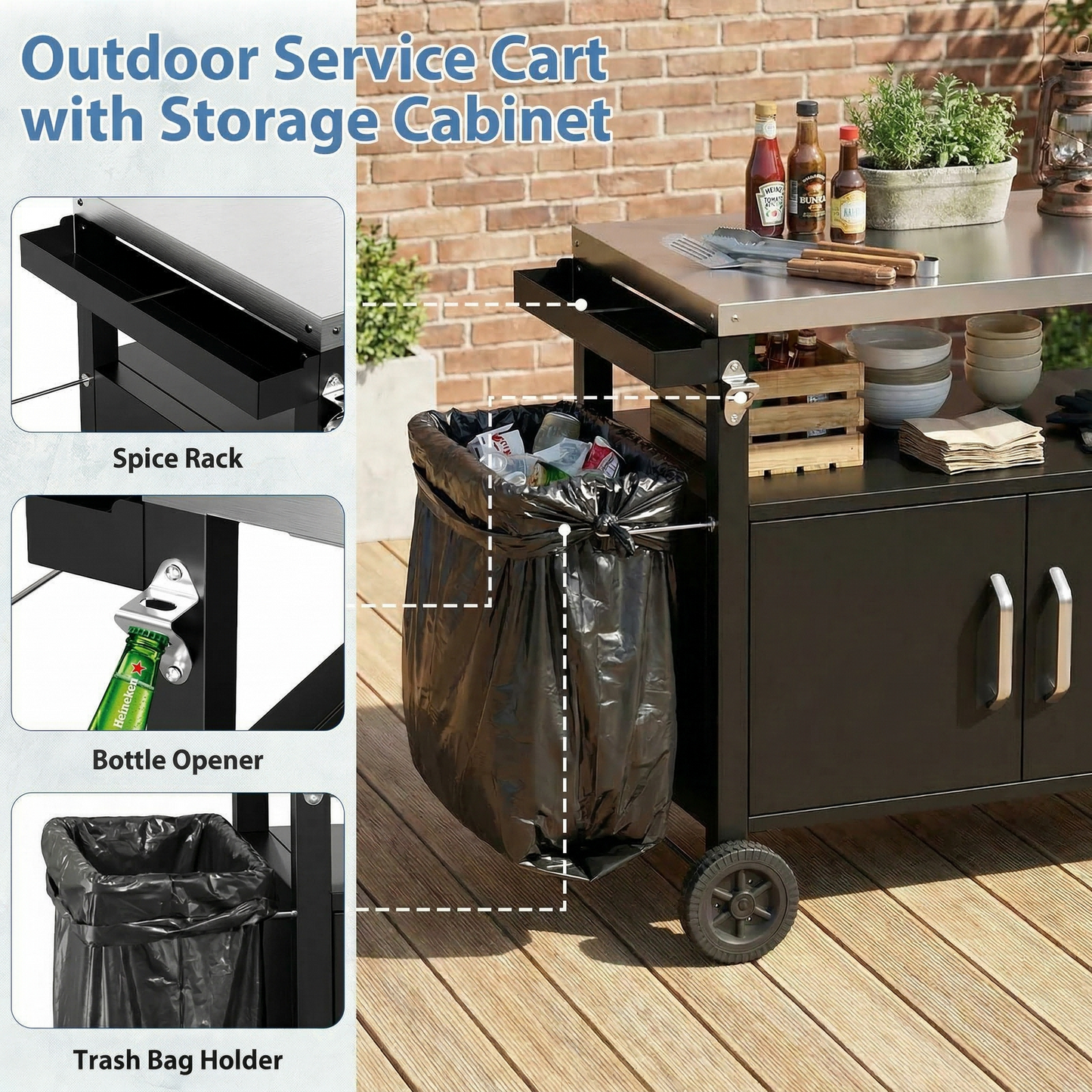 LIFERUN Outdoor Grill Cart with Storage Cabinet, Outdoor Grill Station with Stainless Steel Top, for Outside Dining, BBQ Food Prep