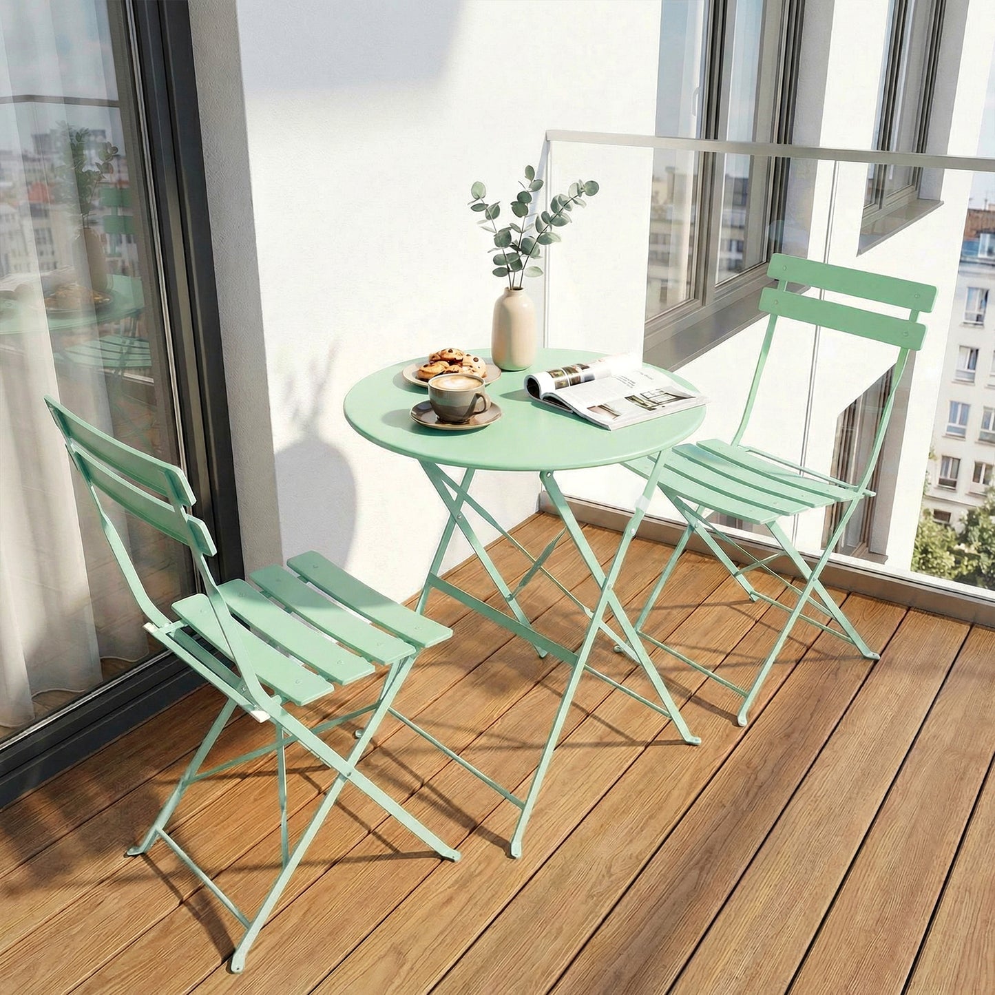 LIFERUN 3-Piece Folding Bistro Set, Outdoor Table and Chairs Set of 2, Weatherproof Patio Furniture for Garden, Balcony, Porch, Green