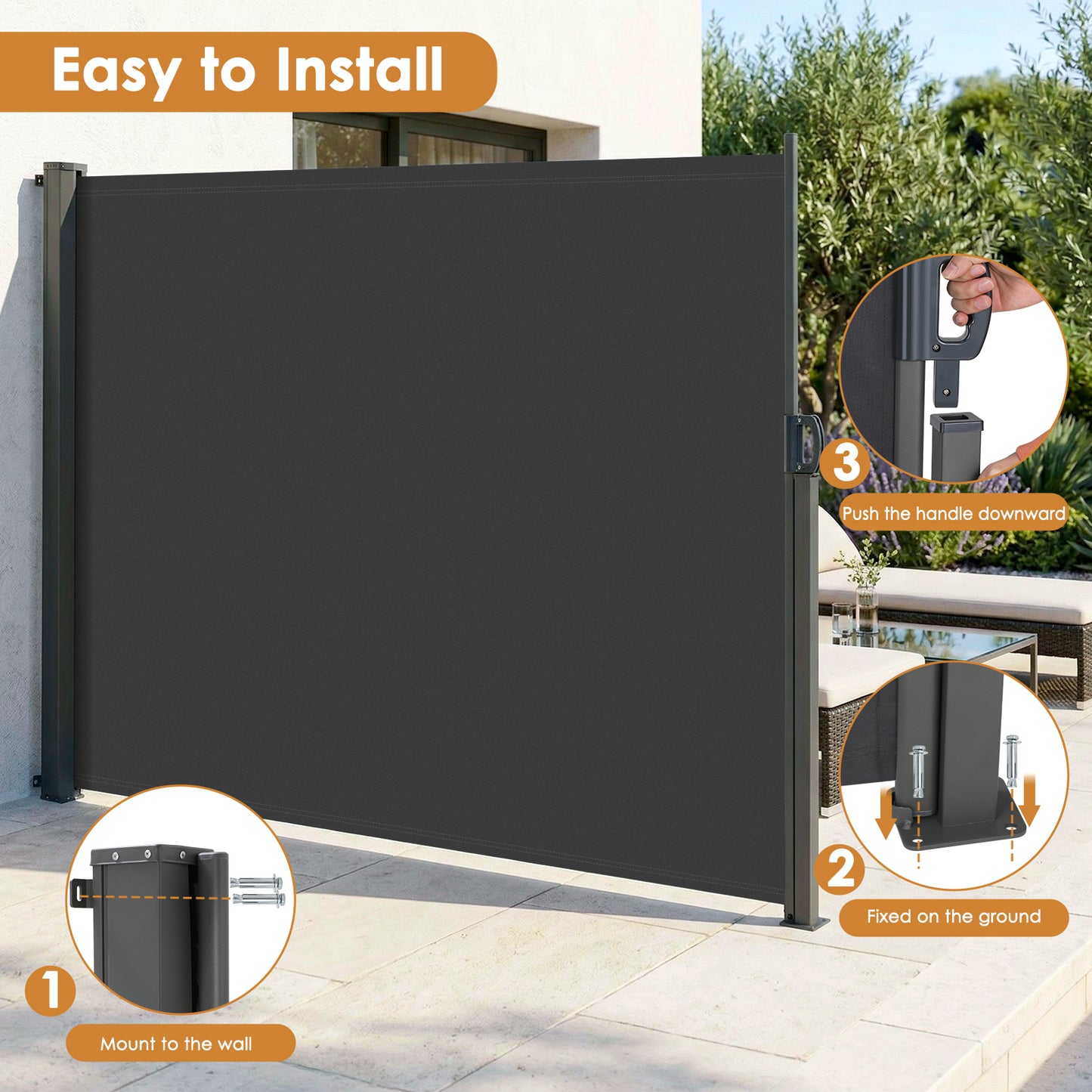 LIFERUN 118" x 71" Retractable Side Awning, Patio Side Screen, UV Resistant, Waterproof, Patio Privacy Screen for Garden, Balcony, Courtyard