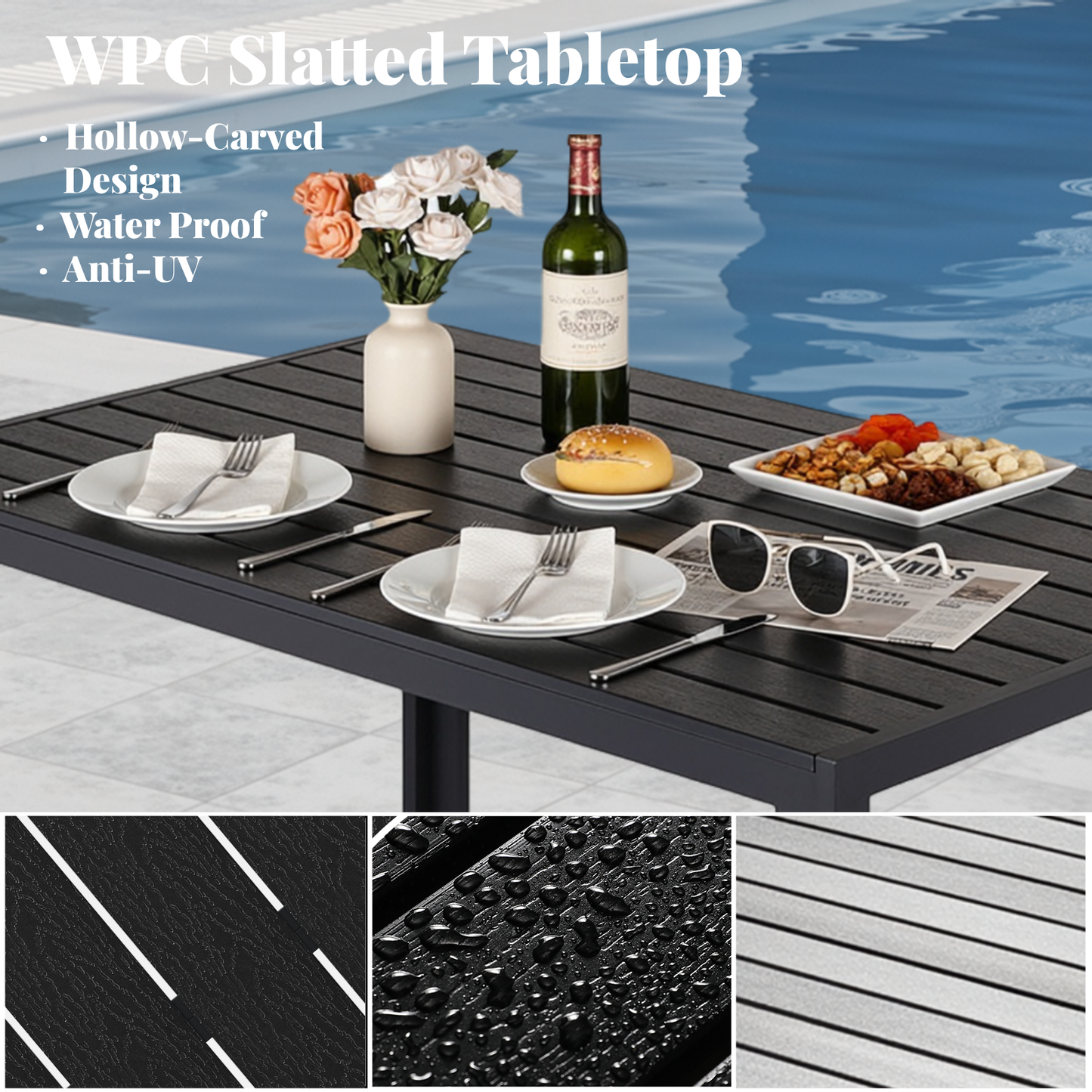 LIFERUN Outdoor Patio Table for 4-6 Person, 43×28in Rectangle Outdoor  Dining Table with Wooden-Like Top and Aluminum Frame, Heat and Weather Resistant, Ideal for Garden, Patio, Poolside, Porch
