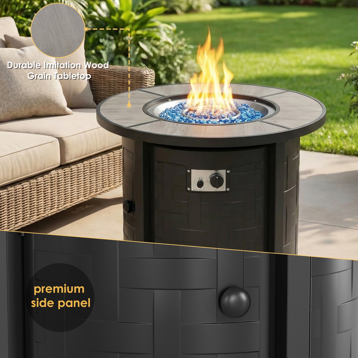 LIFERUN Propane Fire Pit Table 42in, with Waterproof Cover, Blue Stone and Lid, 50,000 BTU Auto-Ignition Round Gas, for Outside Patio