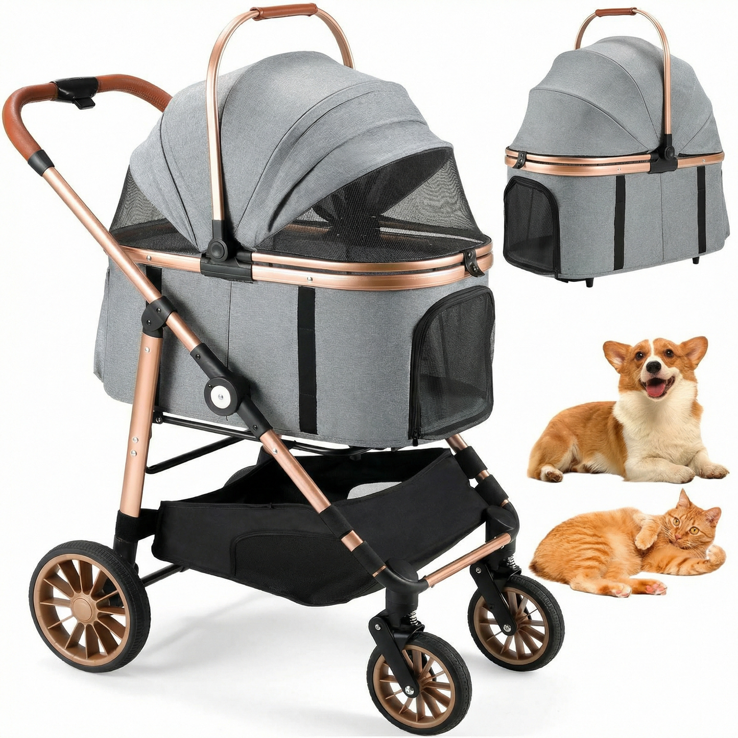 LIFERUN Foldable 4 Wheels Pet Stroller for Small/Medium Dogs Cats up to 55lbs, 3-in-1 Dog Stroller, Detachable Carrier and One-Click Folding Design, Travel Puppy Cart