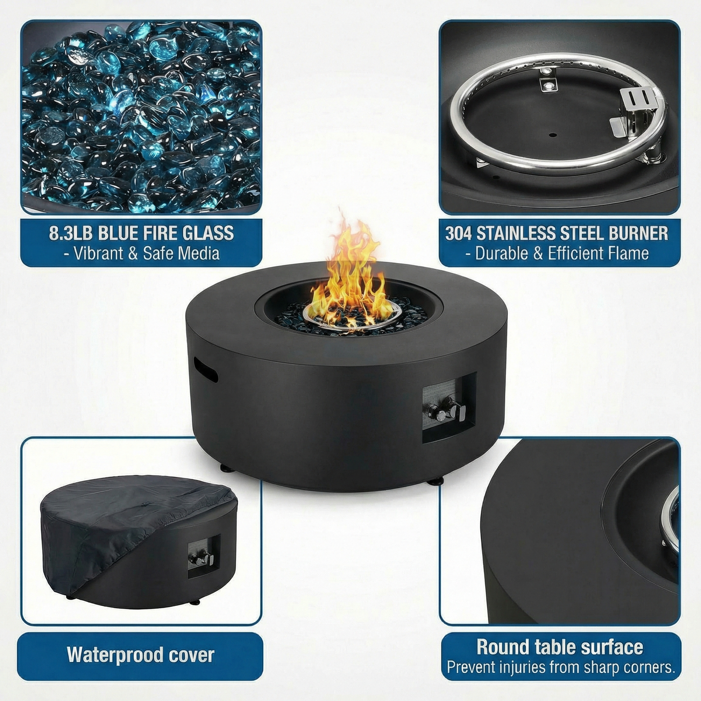 LIFERUN 30in Outdoor Propane Fire Pit Table,2 in 1 Round Gas Fire Pit Table,50,000 BTU,Rain Cover, for Patio,Deck,Backyard,Garden,Pool, Black