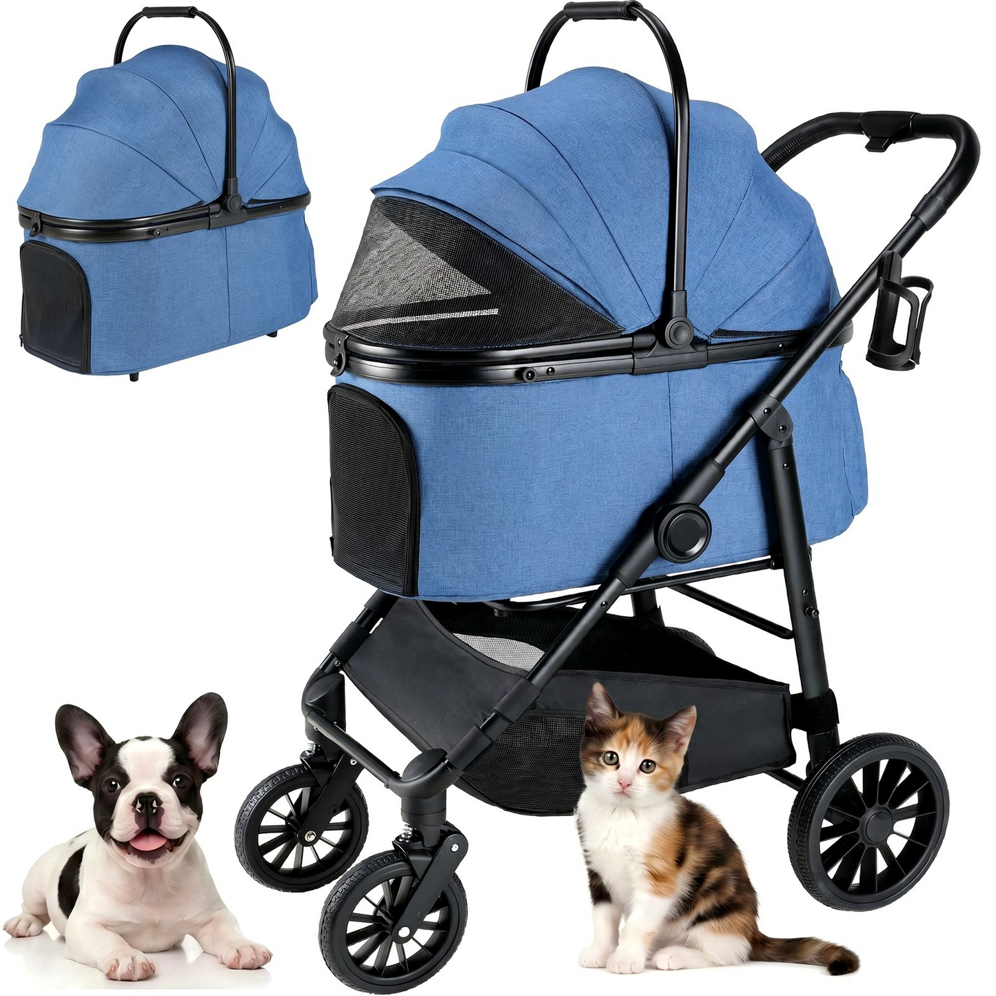 LIFERUN Foldable 4 Wheels Pet Stroller for Small/Medium Dogs Cats up to 55lbs, 3-in-1 Dog Stroller, Detachable Carrier and One-Click Folding Design, Travel Puppy Cart