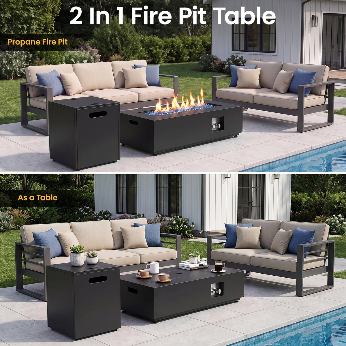 LIFERUN 42" Outdoor Propane Fire Pit Table, 50000 BTU, 304 Stainless Steel Burner, Separate Tank Holder, Lid & Cover,Rectangular Gas FirePit Table for Patio & Backyard