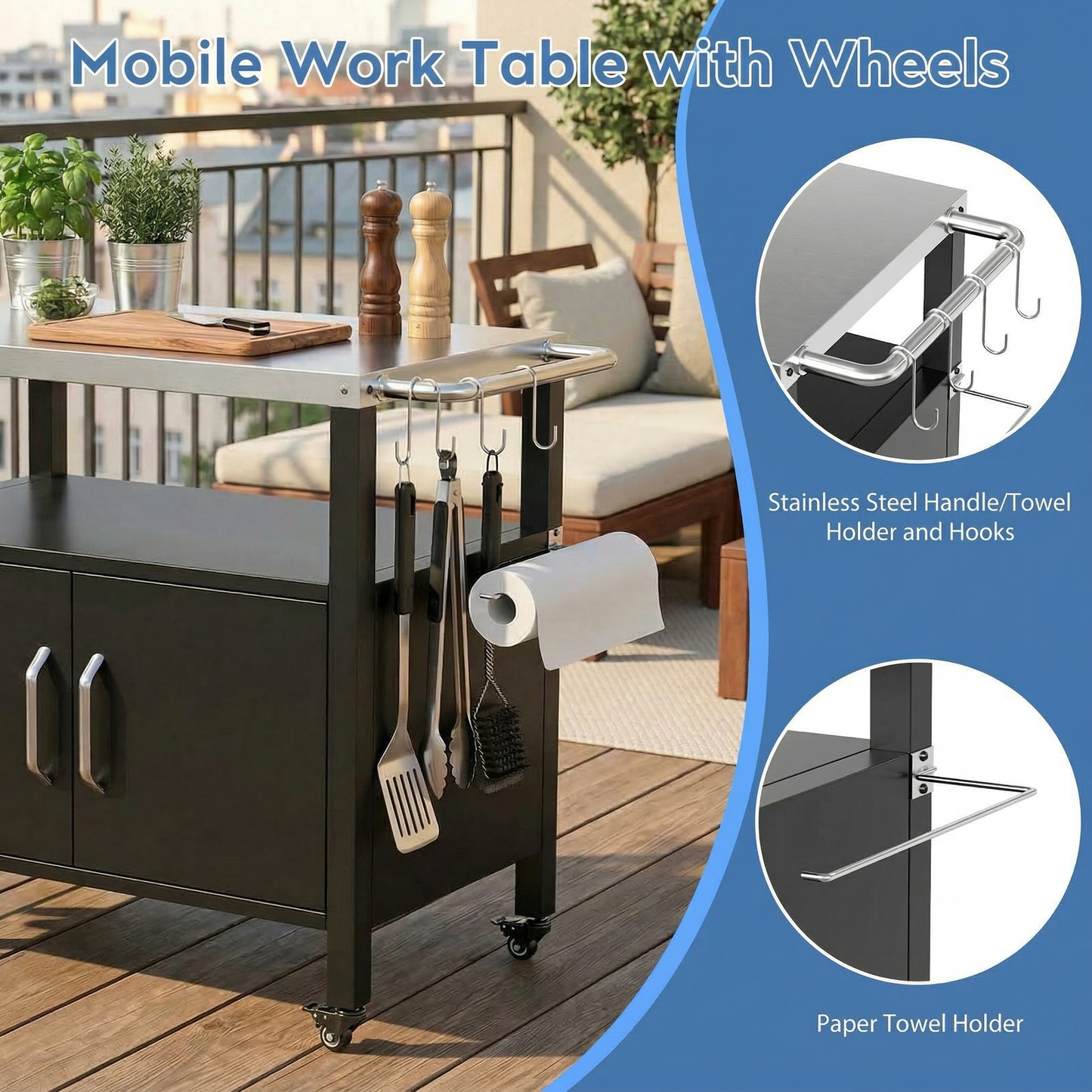 LIFERUN Outdoor Grill Cart with Storage Cabinet, Outdoor Grill Station with Stainless Steel Top, for Outside Dining, BBQ Food Prep