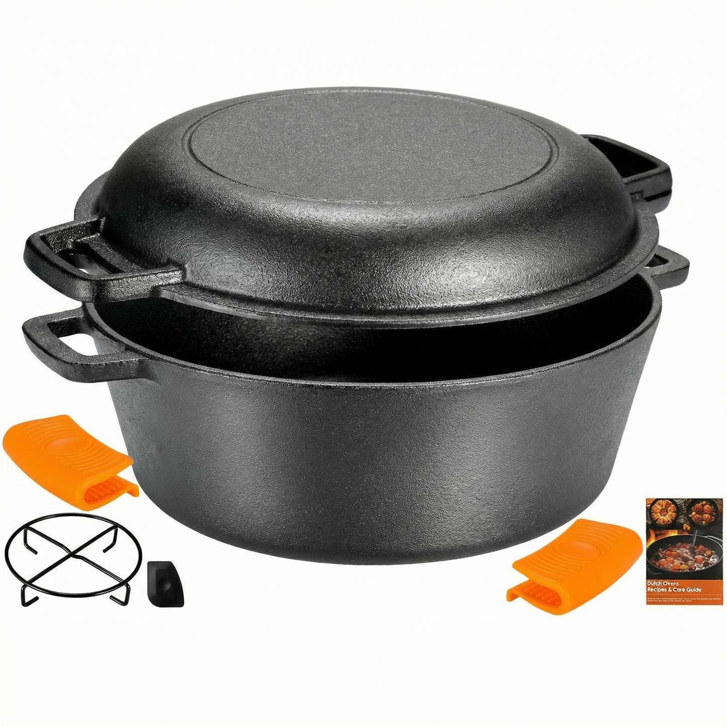 LIFERUN Cast Iron Dutch Oven Pot with Lid, Pot (5.1QT) and Lid as a Skillet(1.9QT) - Dutch Oven Cast Iron with Silicone Holders, Iron Stand, for Oven, Stove, Grill，Campfire