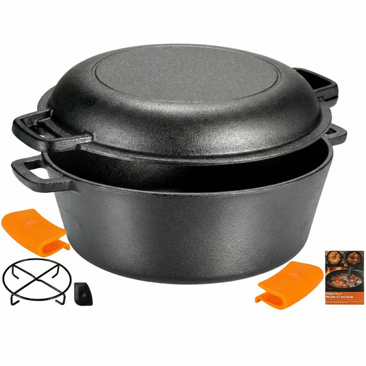 LIFERUN Cast Iron Dutch Oven Pot with Lid, Pot (5.1QT) and Lid as a Skillet(1.9QT) - Dutch Oven Cast Iron with Silicone Holders, Iron Stand, for Oven, Stove, Grill，Campfire