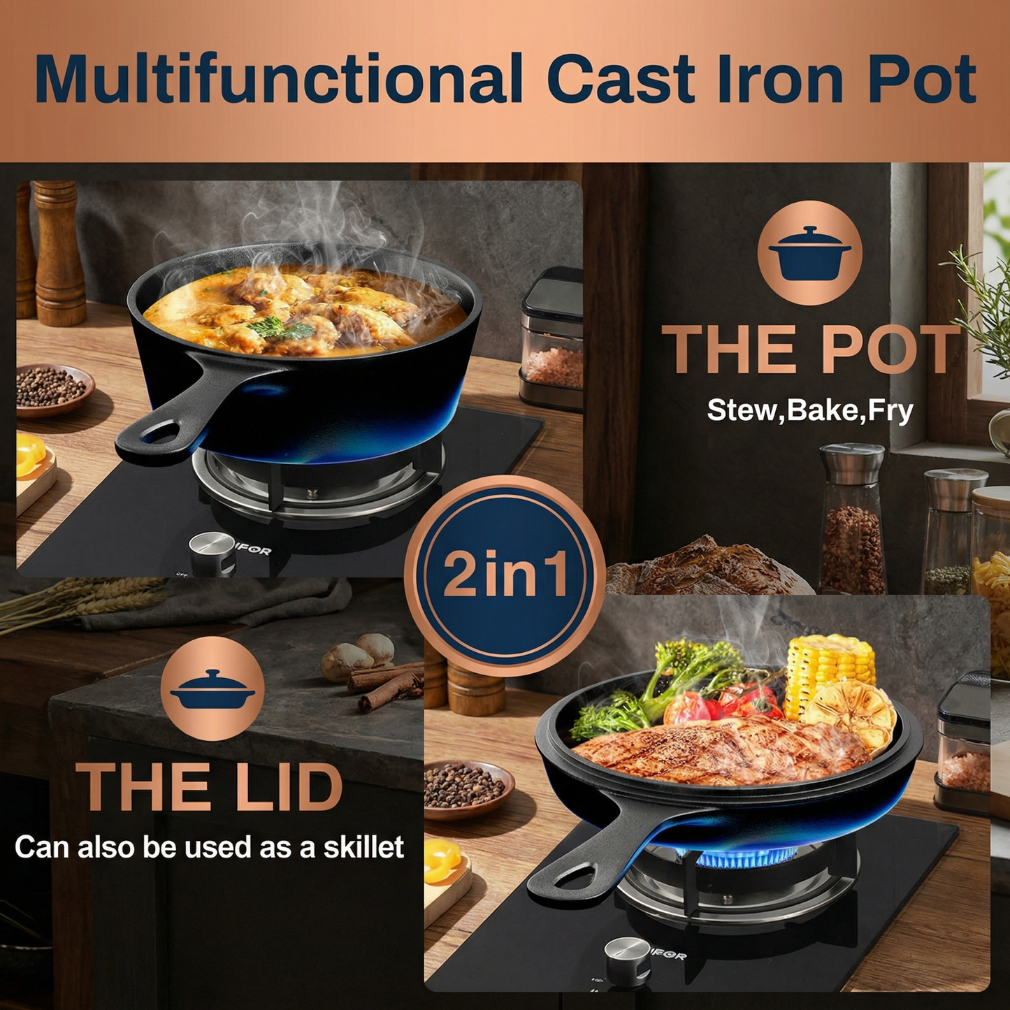 LIFERUN 2-in-1 Cast Iron Dutch Oven Pot, with Skillet & Lid - 2.9 Qt Deep Pot + 1.27 Qt Frying Pan, Easy Clean, for Oven, Stove, Grill, Campfire